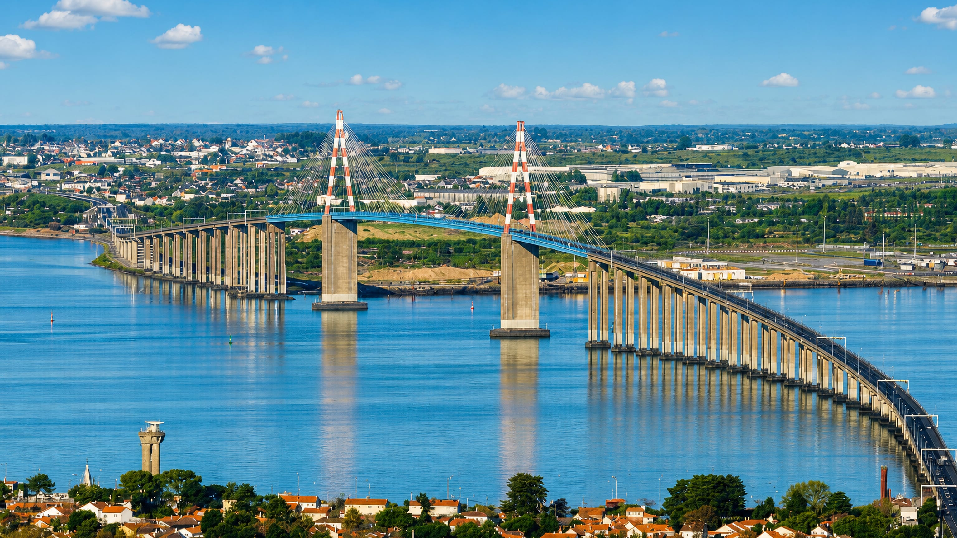 The cable-stayed Pont de Saint-Nazaire spanning the Loire estuary above red-roofed houses at Saint-Nazaire, France.
