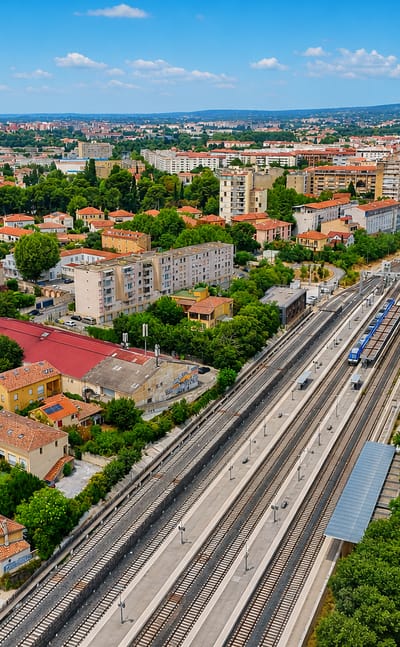 Aerial view over Aix-en-Provence's red-tiled roofs and cypress trees with a rail line cutting through.