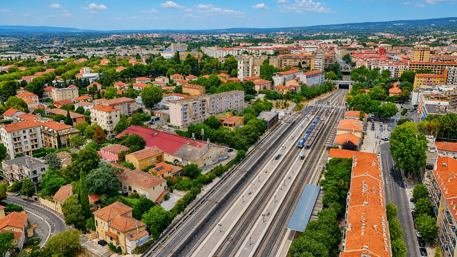 Aerial view over Aix-en-Provence's red-tiled roofs and cypress trees with a rail line cutting through.
