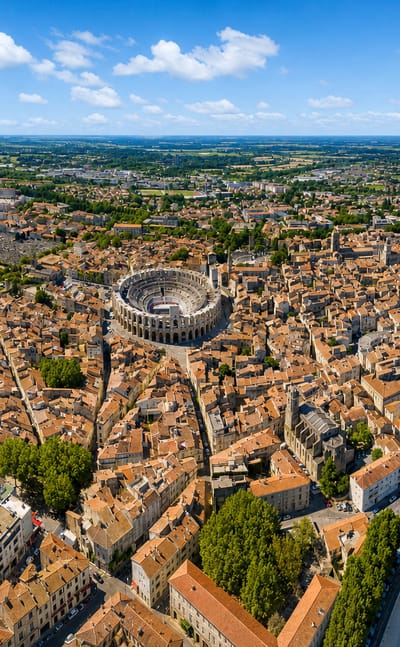 Aerial view of Arles with the Roman amphitheatre at its centre and the Rhone curving past the old town