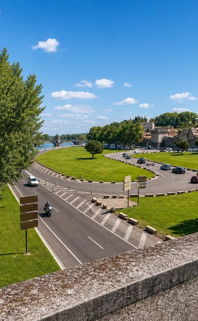 Avignon's Palais des Papes and ramparts rising above the Rhone with a tree-lined riverside park.