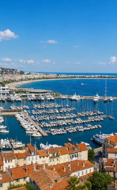 Cannes old port and marina full of yachts along the bay and Croisette under a clear sky.