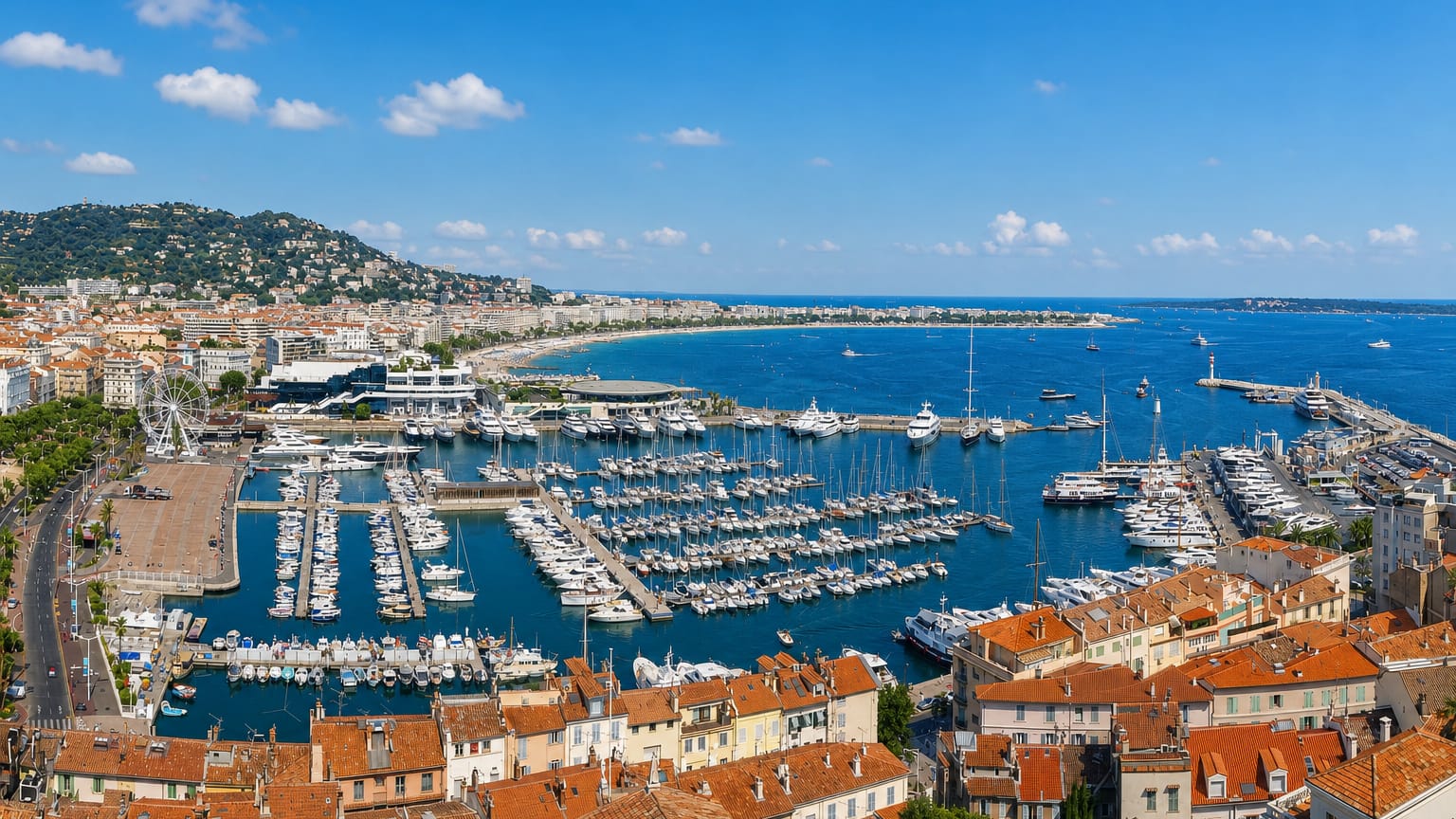 Cannes old port and marina full of yachts along the bay and Croisette under a clear sky.