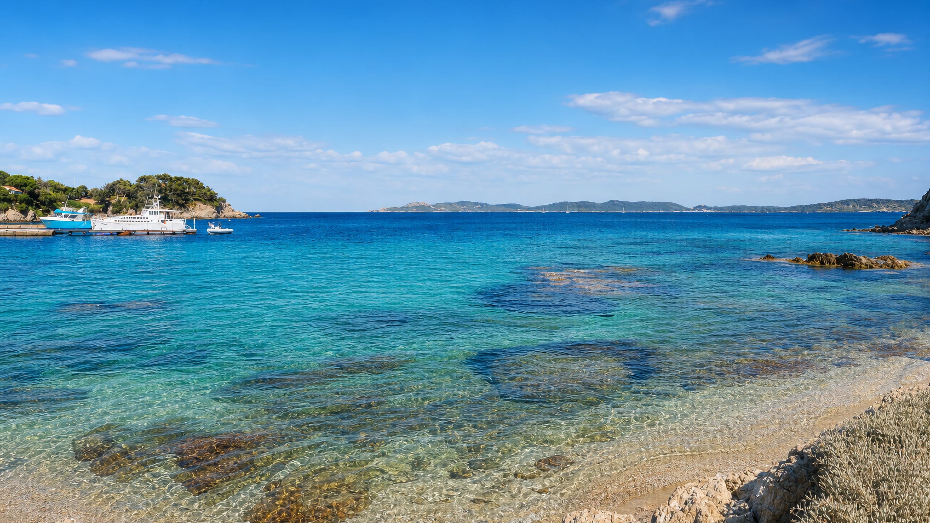 Turquoise Mediterranean shallows and a small ferry at a rocky cove near Hyères, France, with islands beyond.