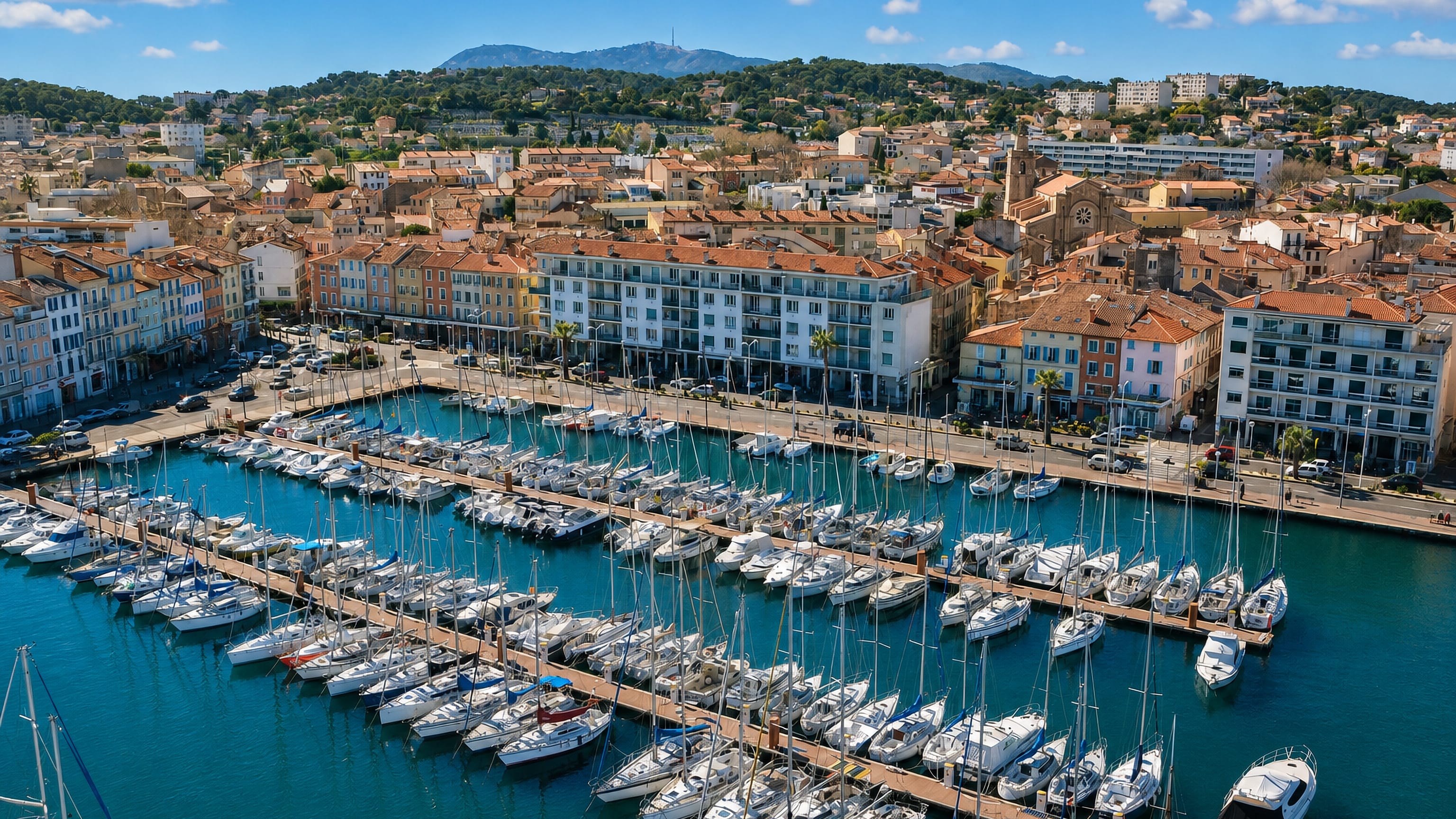Yacht-filled marina, tiled rooftops and wooded hills along the Mediterranean seafront of La Seyne-sur-Mer, France.