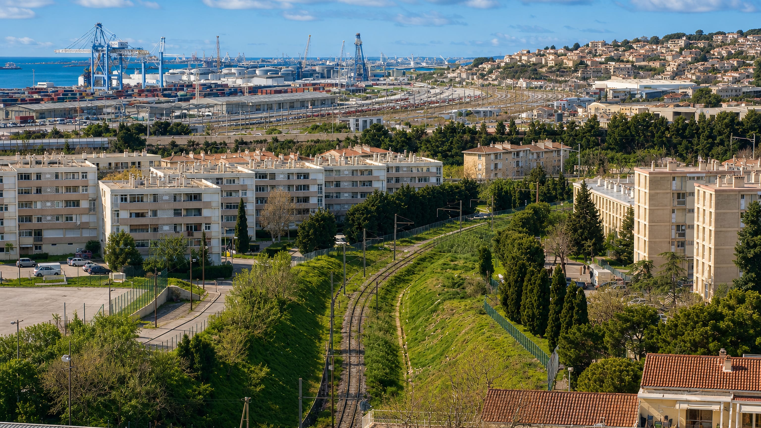 Apartment blocks above a rail cutting in La Calade, Marseille, with the container port and sea beyond.