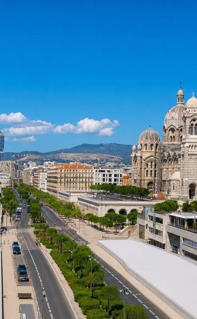 La Joliette waterfront in Marseille with the Cathedrale de la Major, the MuCEM and the CMA CGM tower.