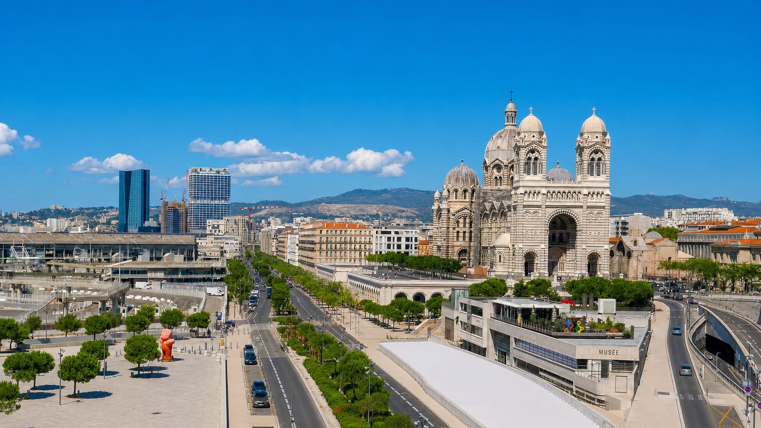 La Joliette waterfront in Marseille with the Cathedrale de la Major, the MuCEM and the CMA CGM tower.