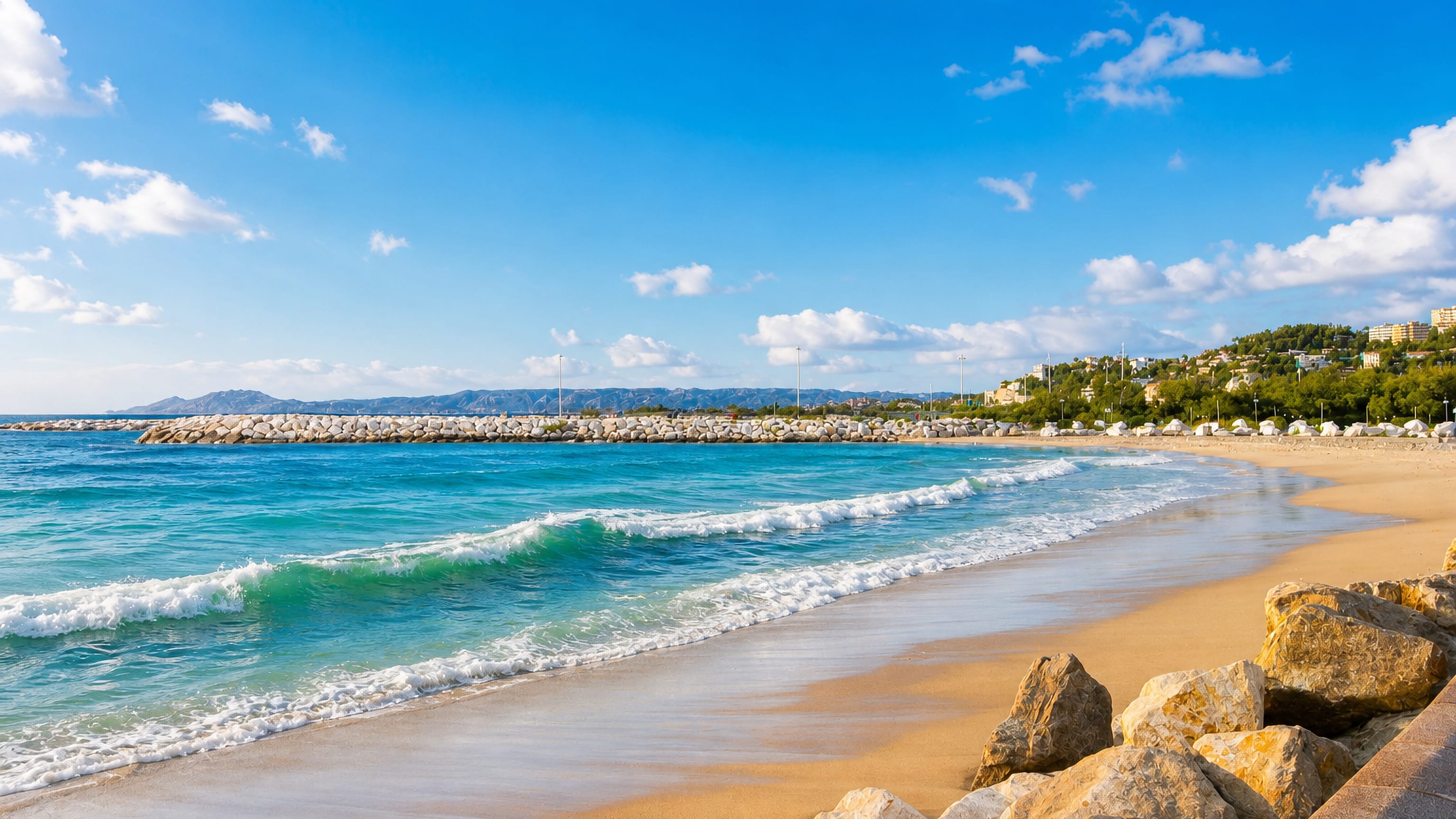 Sandy beach, breakwater rocks and turquoise sea below the hills at La Plage, Marseille.