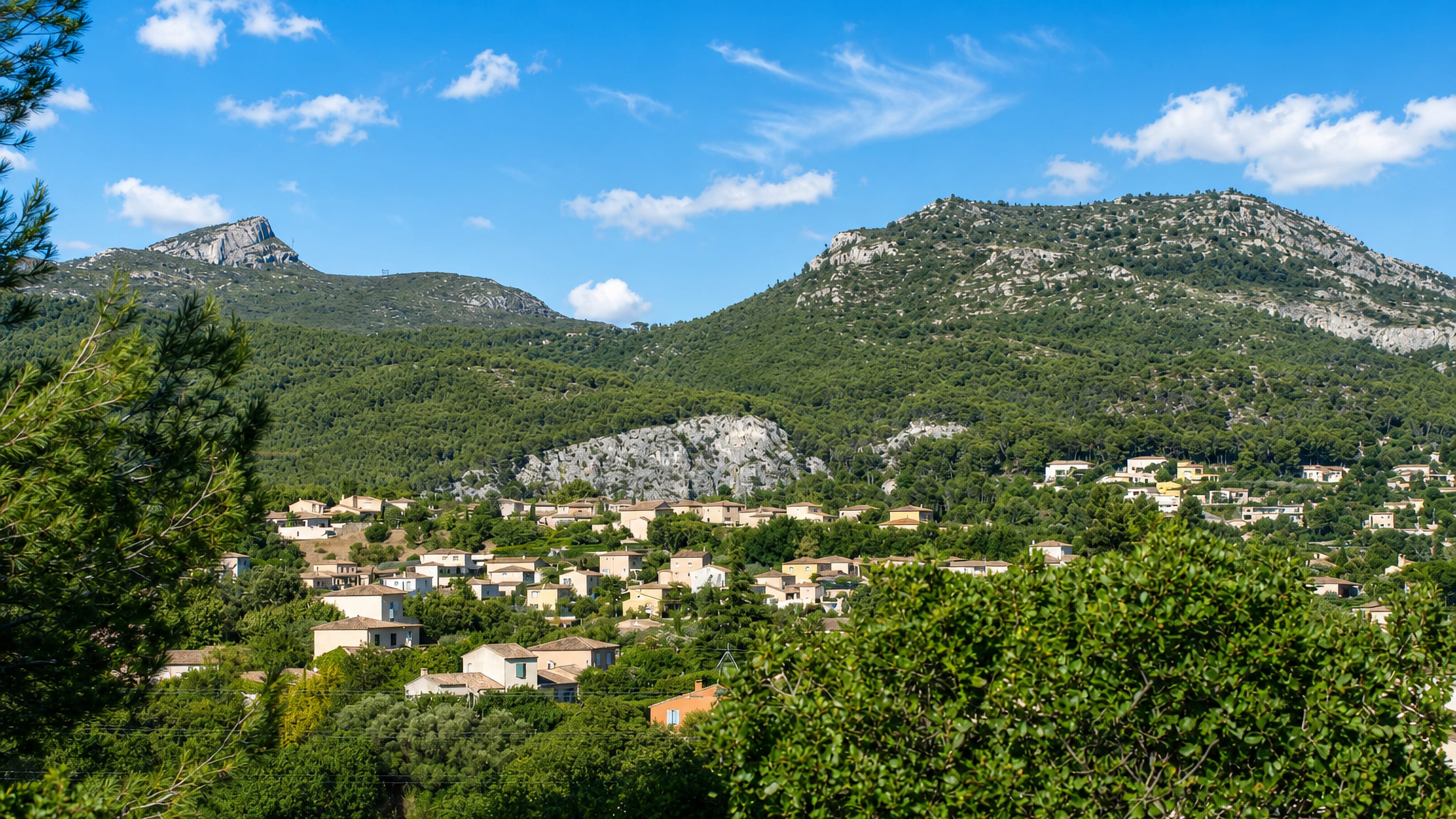 Villas of Les Accates scattered below the limestone ridges of the Marseille hills.
