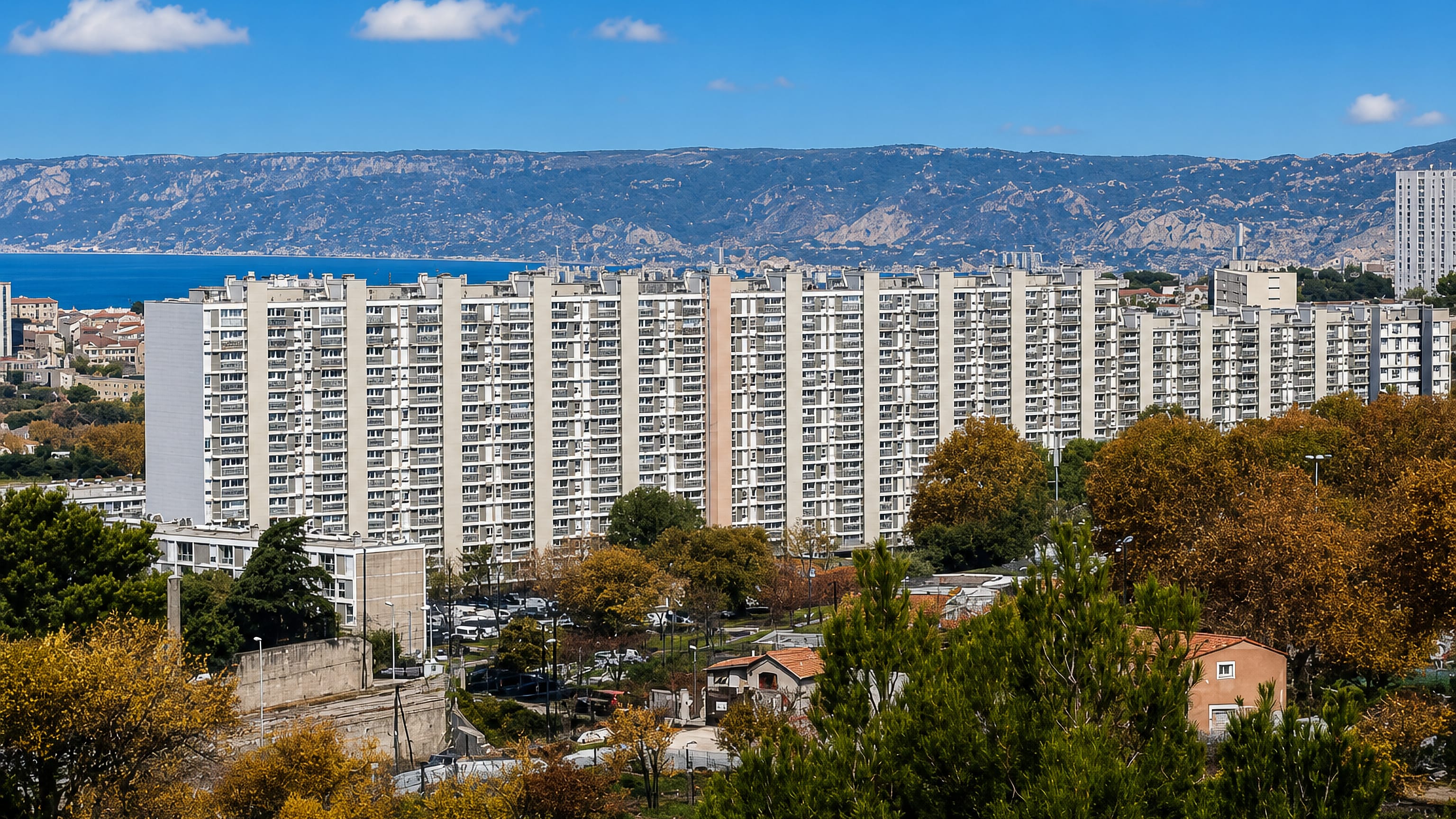 High-rise housing estates in Les Aygalades, northern Marseille, with the sea and coastal hills beyond.