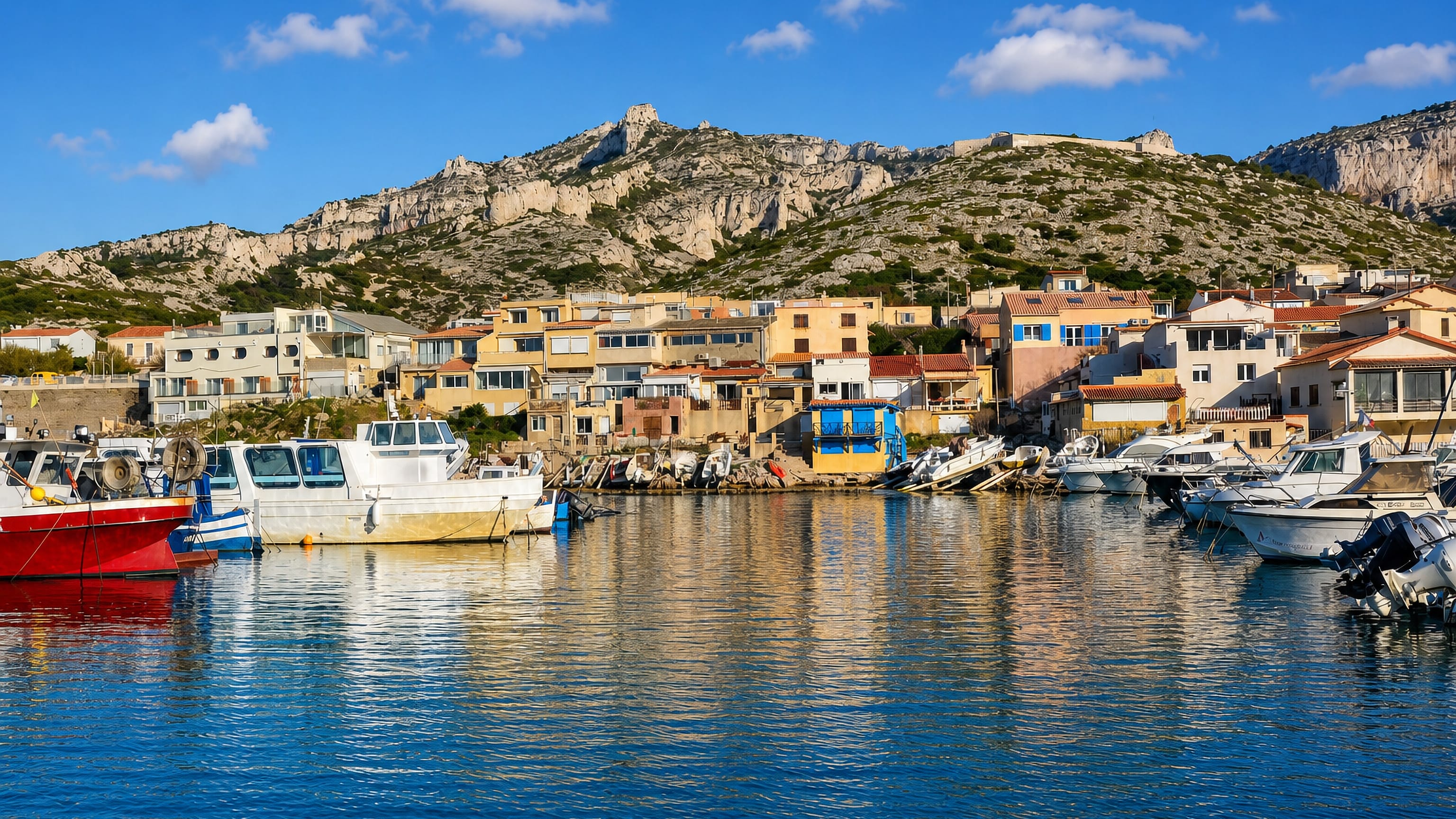 Fishing boats moored in the harbour of Les Goudes, Marseille, below white limestone hills.