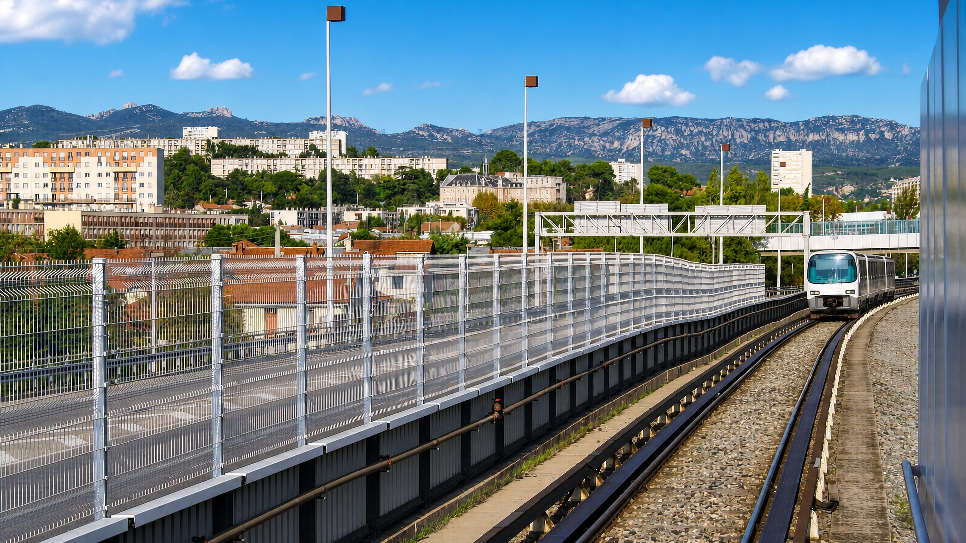 Metro train on the elevated line at Malpassé, Marseille, with housing blocks and the Étoile ridge behind.