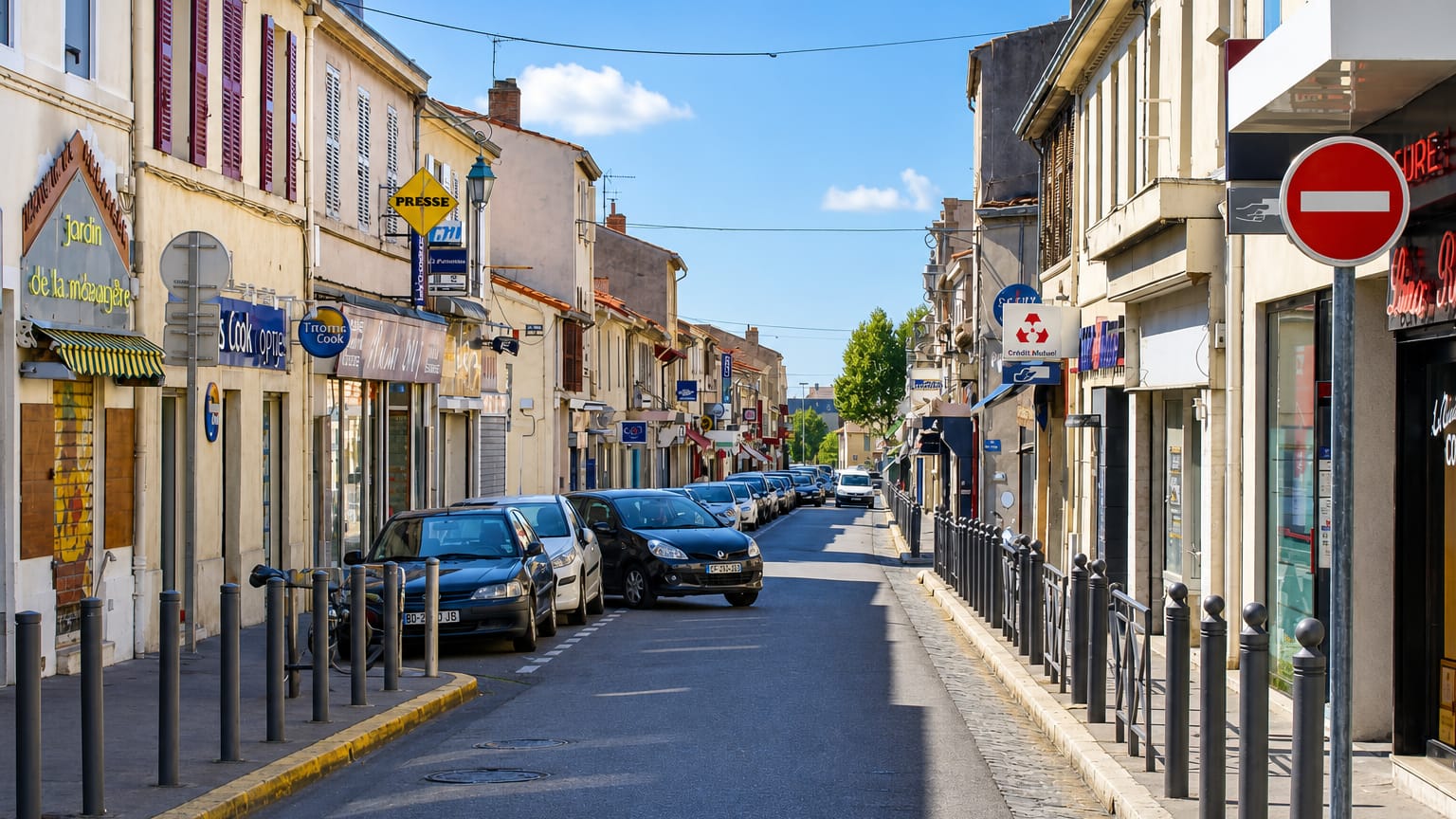 Sunny commercial street in Mazargues, Marseille, lined with small shops and parked cars under a blue sky.