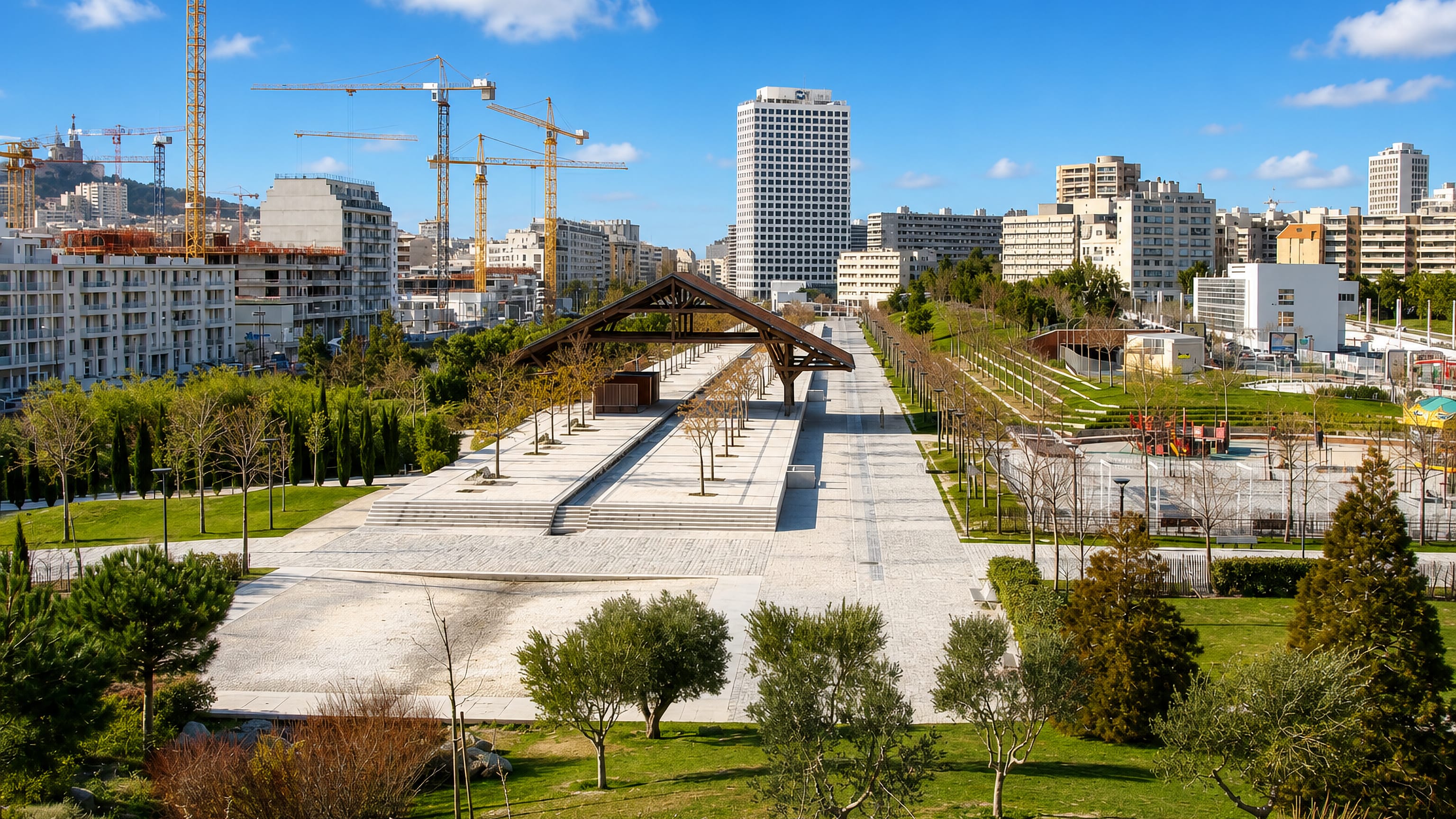 Esplanade and timber pavilion of Parc du 26e Centenaire beside Menpenti's towers and cranes, Marseille.