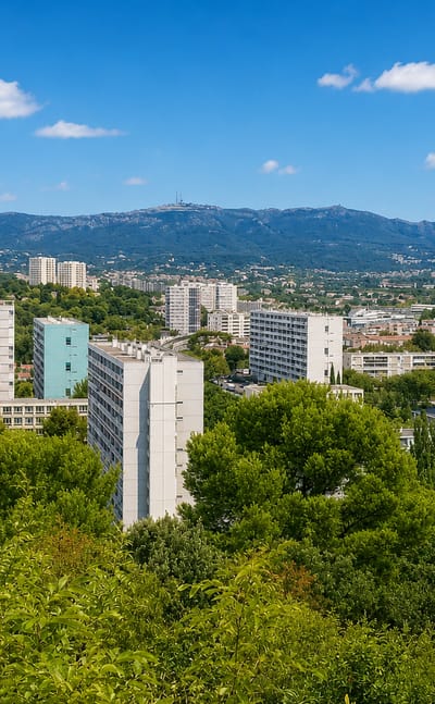 Residential tower blocks in Montolivet, eastern Marseille, framed by the Etoile massif under a blue sky.