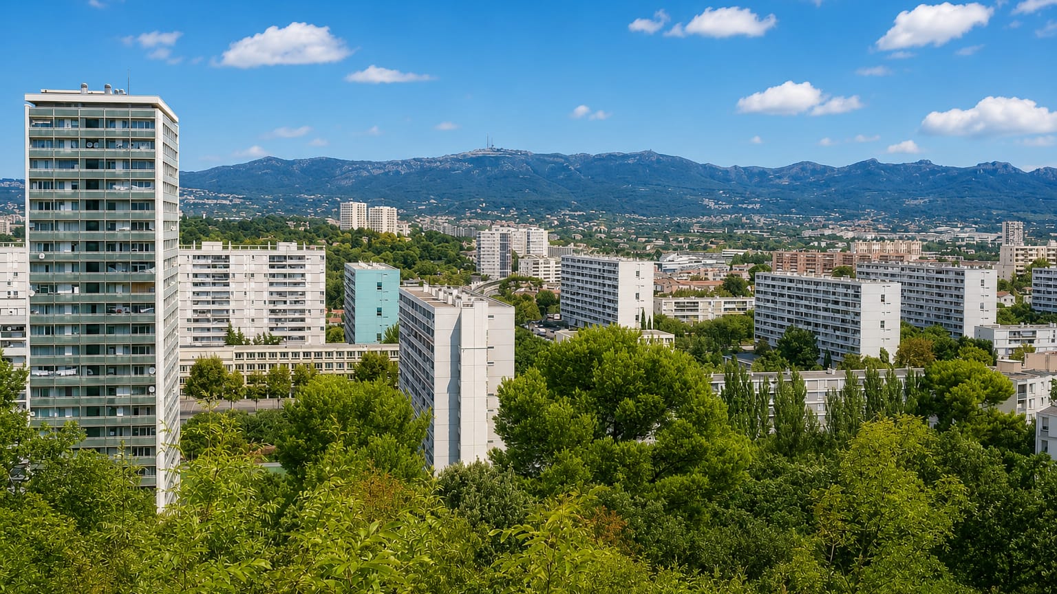 Residential tower blocks in Montolivet, eastern Marseille, framed by the Etoile massif under a blue sky.