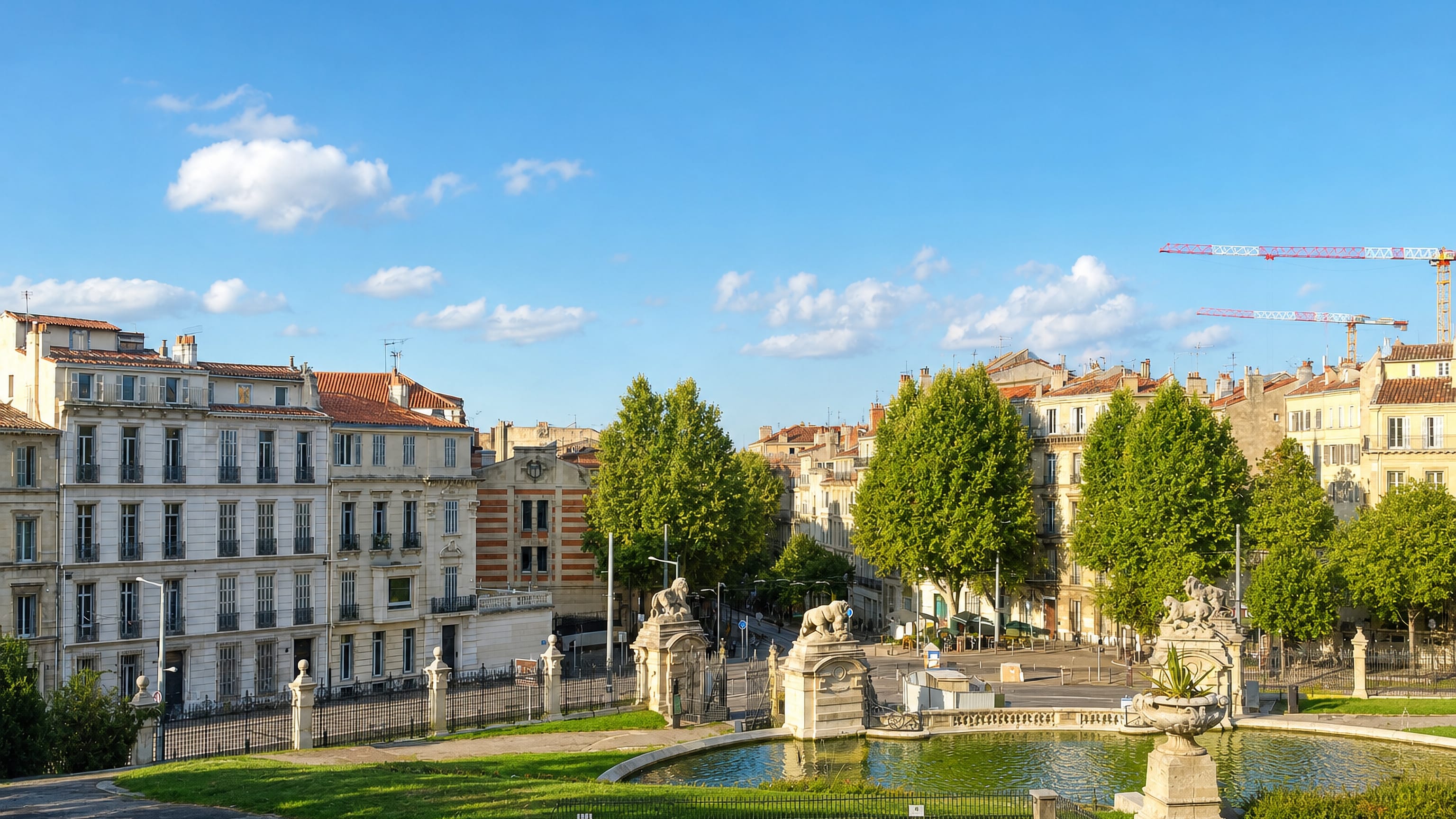 Stone balustrade, fountain basin and lion statues above a plane-tree boulevard in Marseille's Saint-Charles quarter.