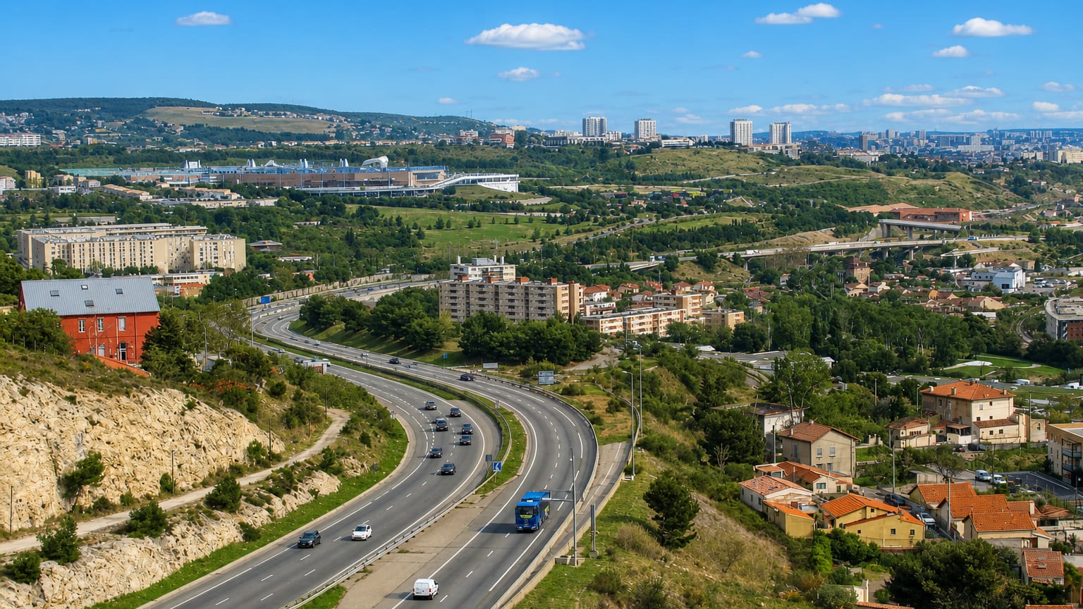 A motorway curving through hills past apartment blocks toward the distant Marseille skyline at Saint-Henri.