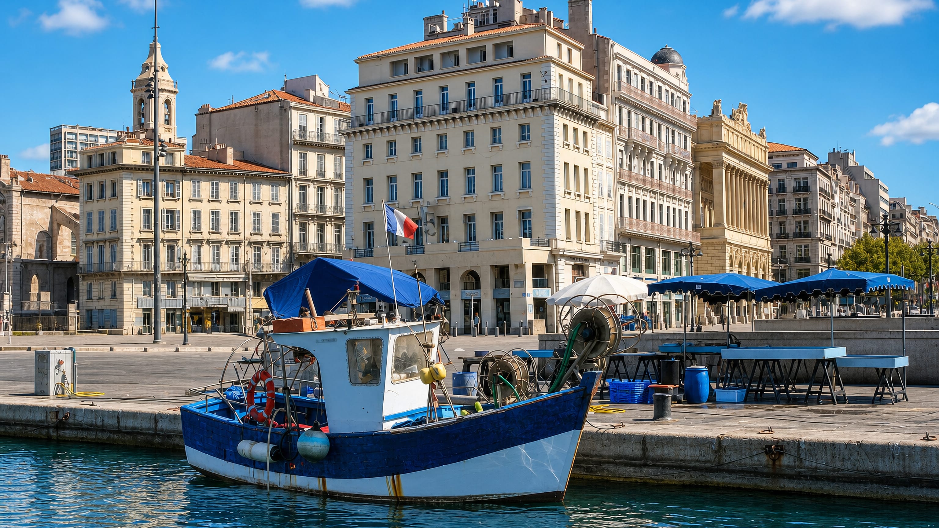 Fishing boat moored at the Vieux-Port quay beside Thiers in Marseille, below cream 19th-century facades