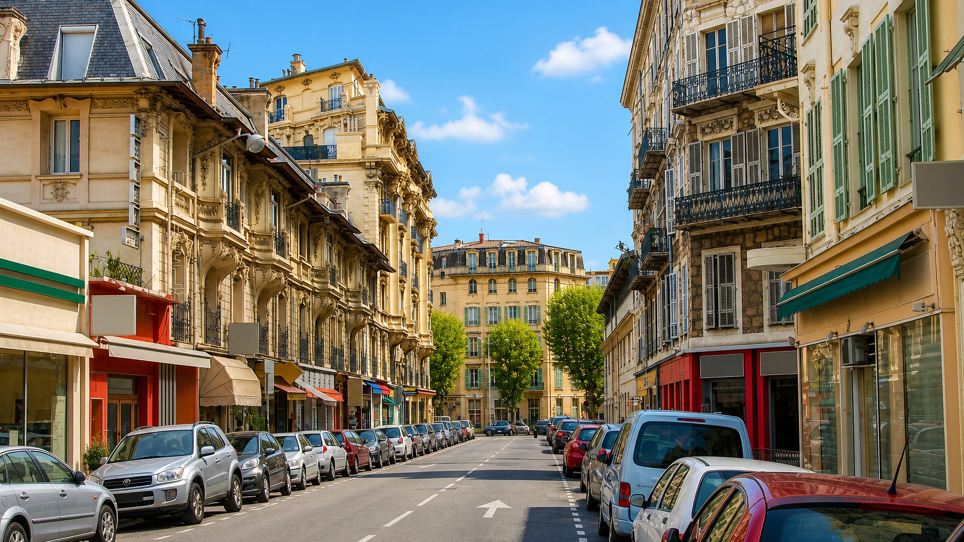 Belle Epoque apartment blocks with wrought-iron balconies lining a tree-shaded street in Carabacel, Nice.