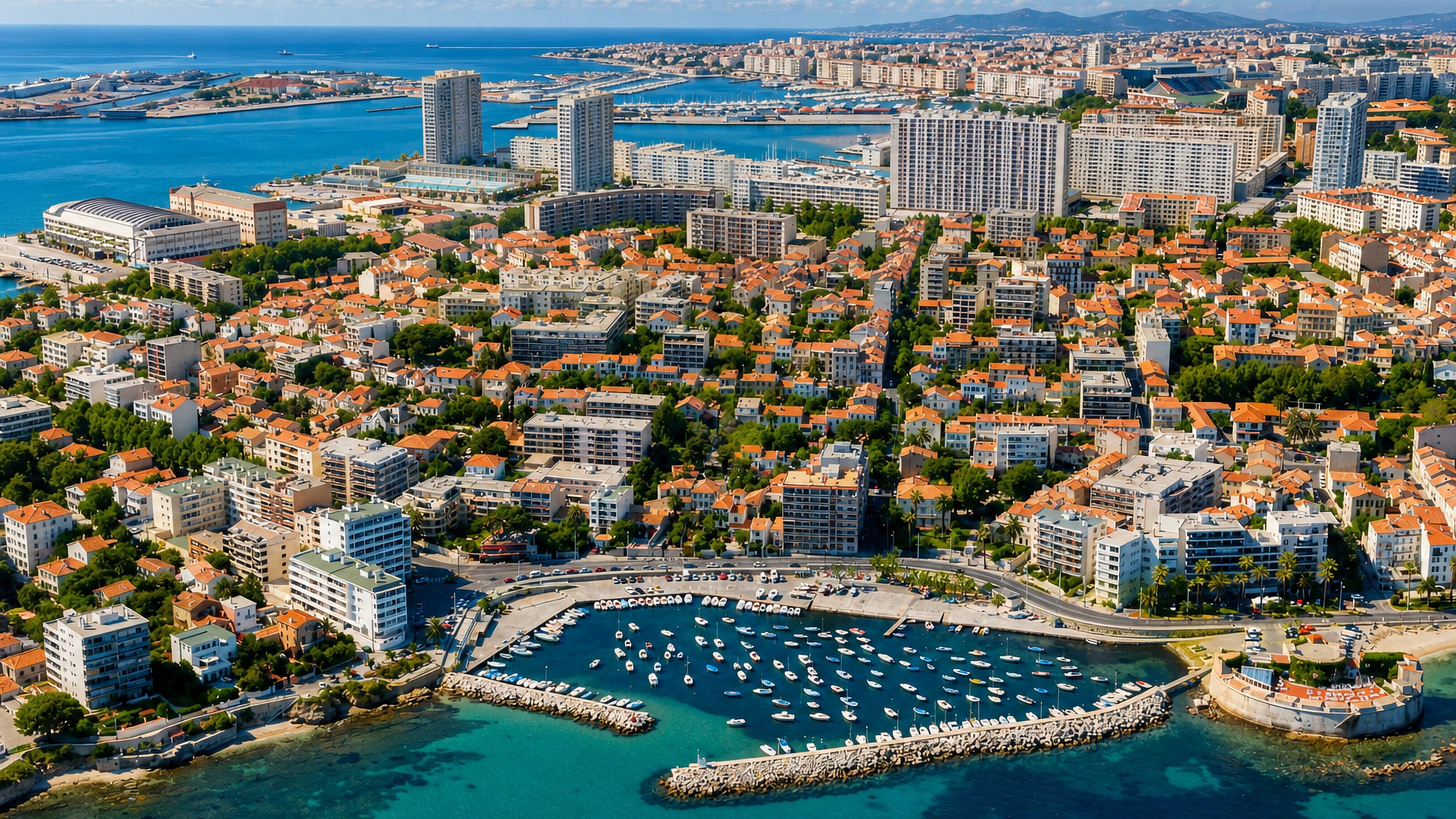 Aerial view of Le Mourillon's marina, red-tiled rooftops and the Tour Royale point in Toulon.