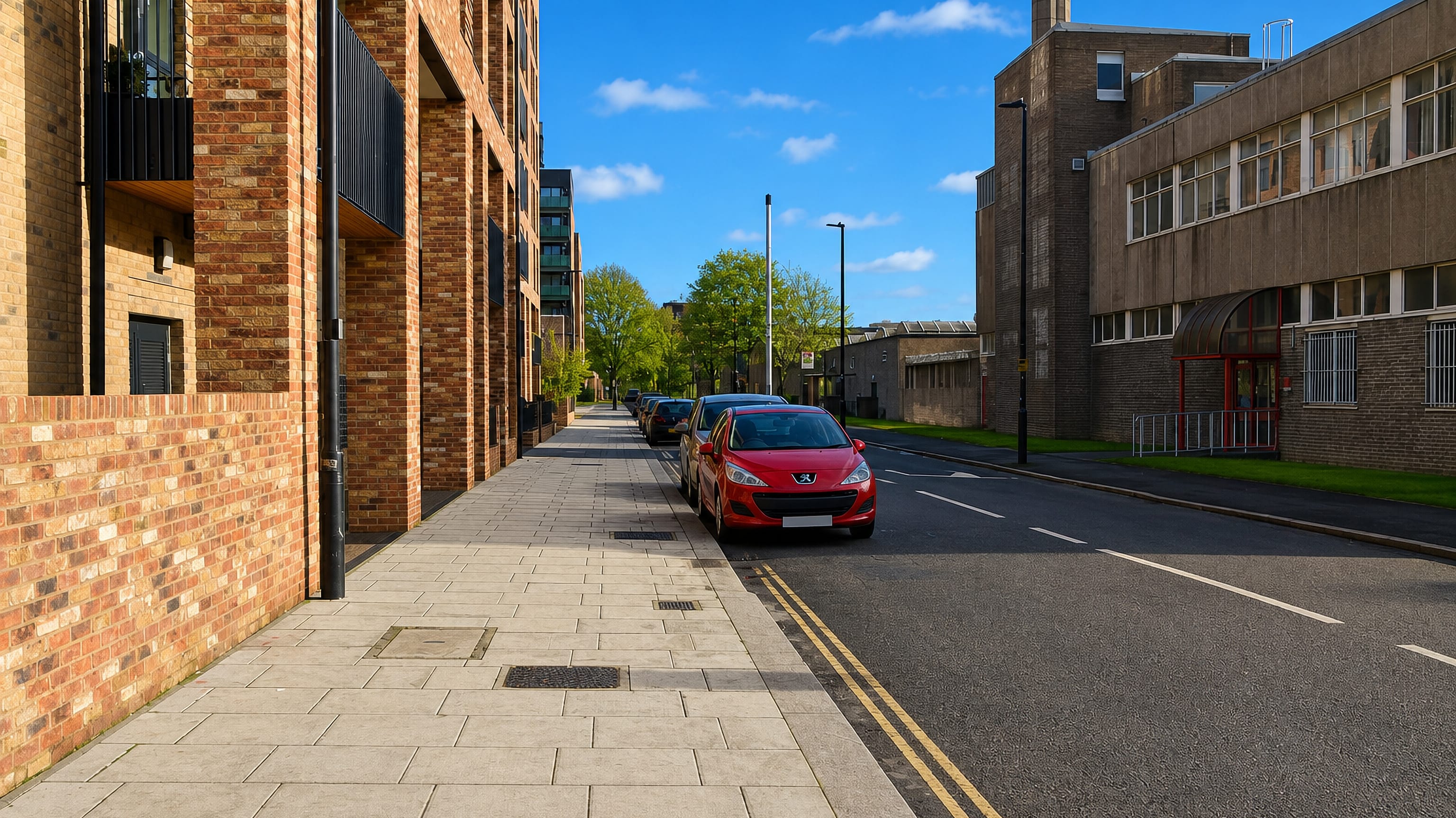 Quiet street of new brick apartment blocks and parked cars in South Acton, west London.