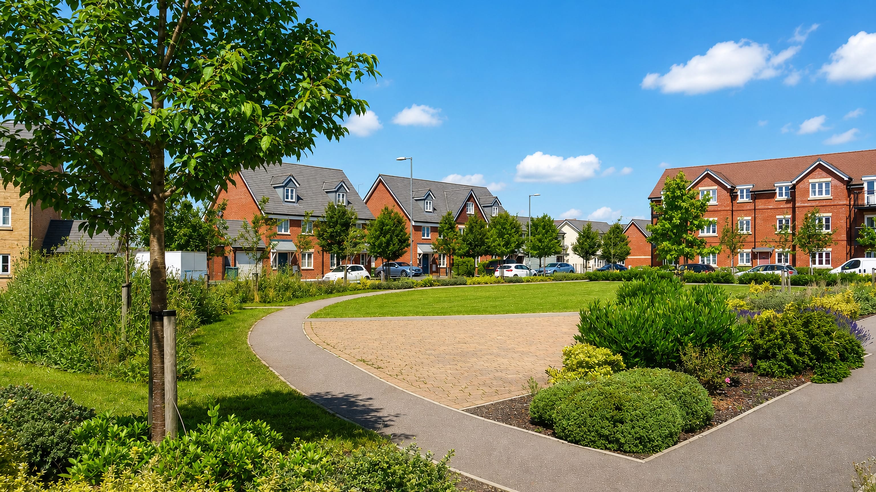 New red-brick houses and apartments around landscaped lawns and paths in Berryfields, Aylesbury.