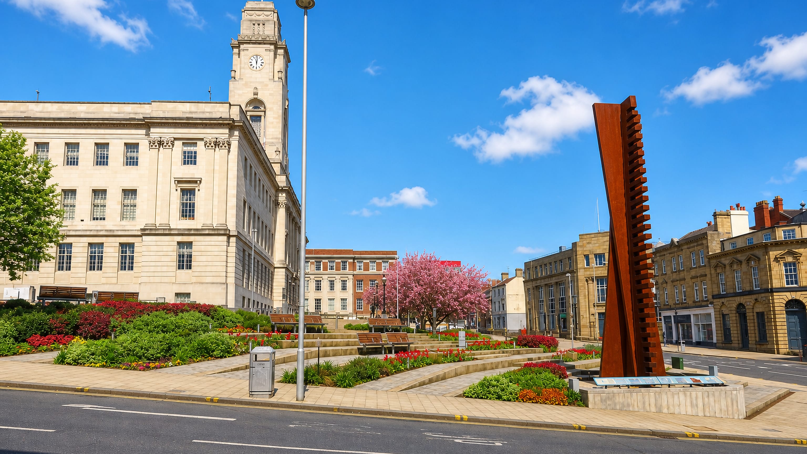 Barnsley Town Hall's clock tower and the Corten steel sculpture across the square in South Yorkshire.