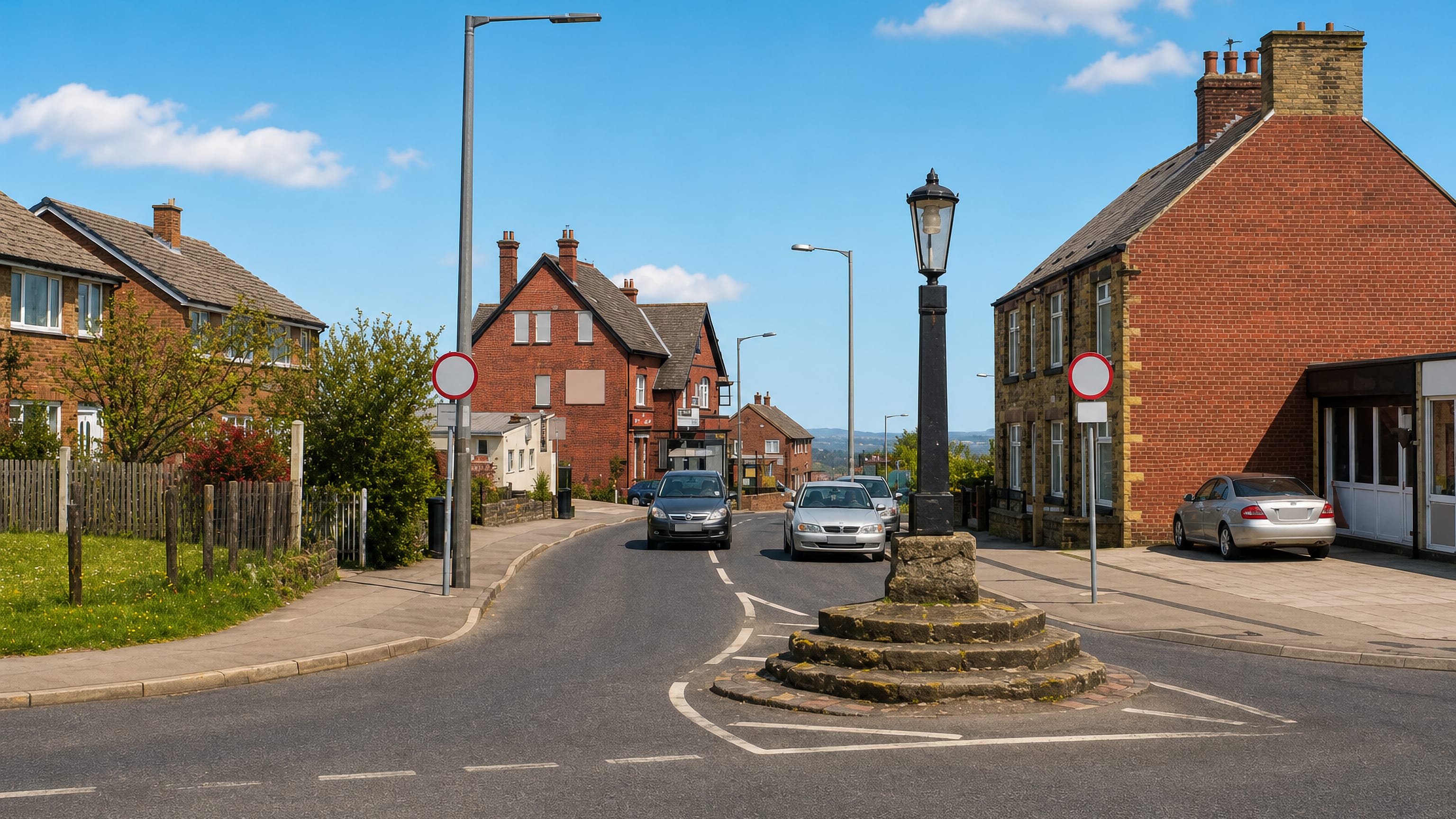 Stone cross base and lamp at a red-brick village road junction in Monk Bretton, Barnsley, South Yorkshire.
