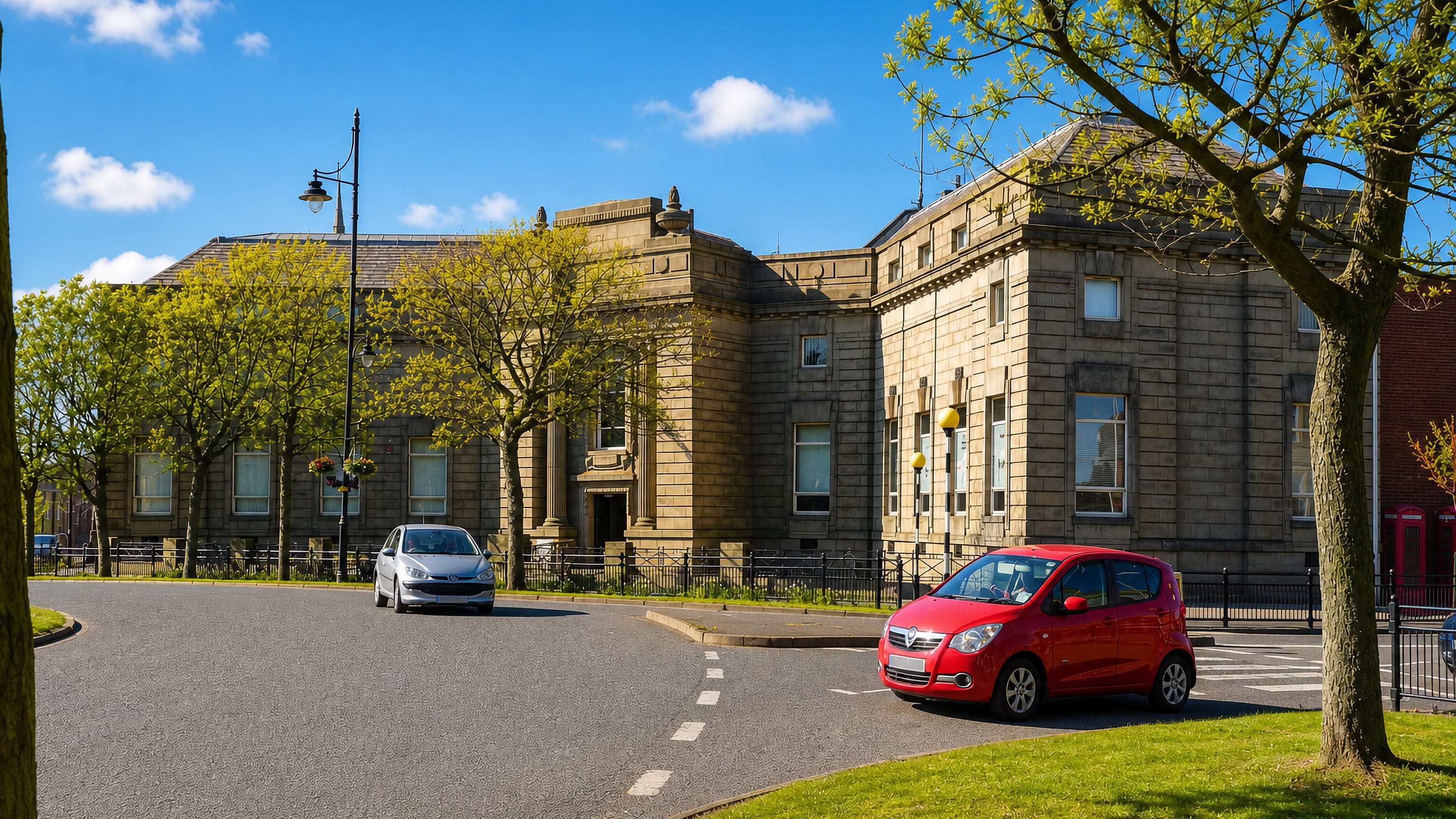 Sandstone civic building on a sunlit street corner in Hindpool, Barrow-in-Furness