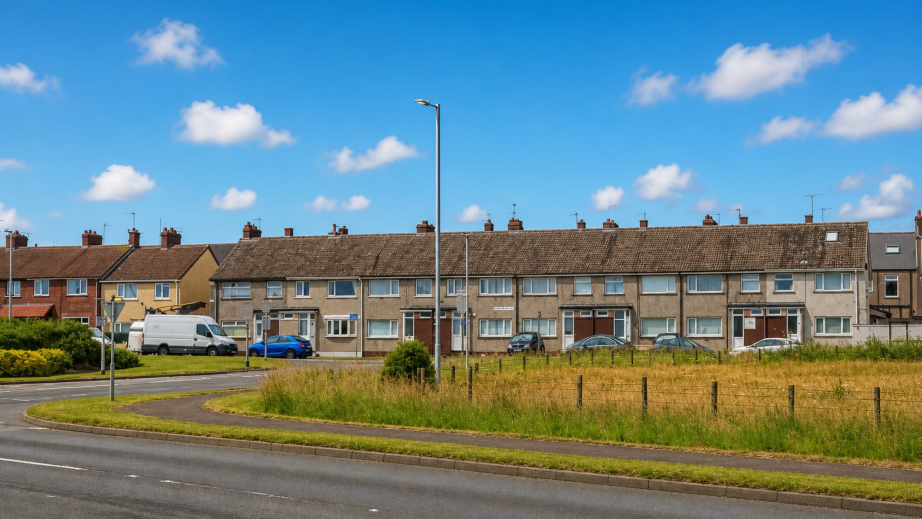 Long pebbledashed terrace of council houses along a main road in Ormsgill, Barrow-in-Furness.