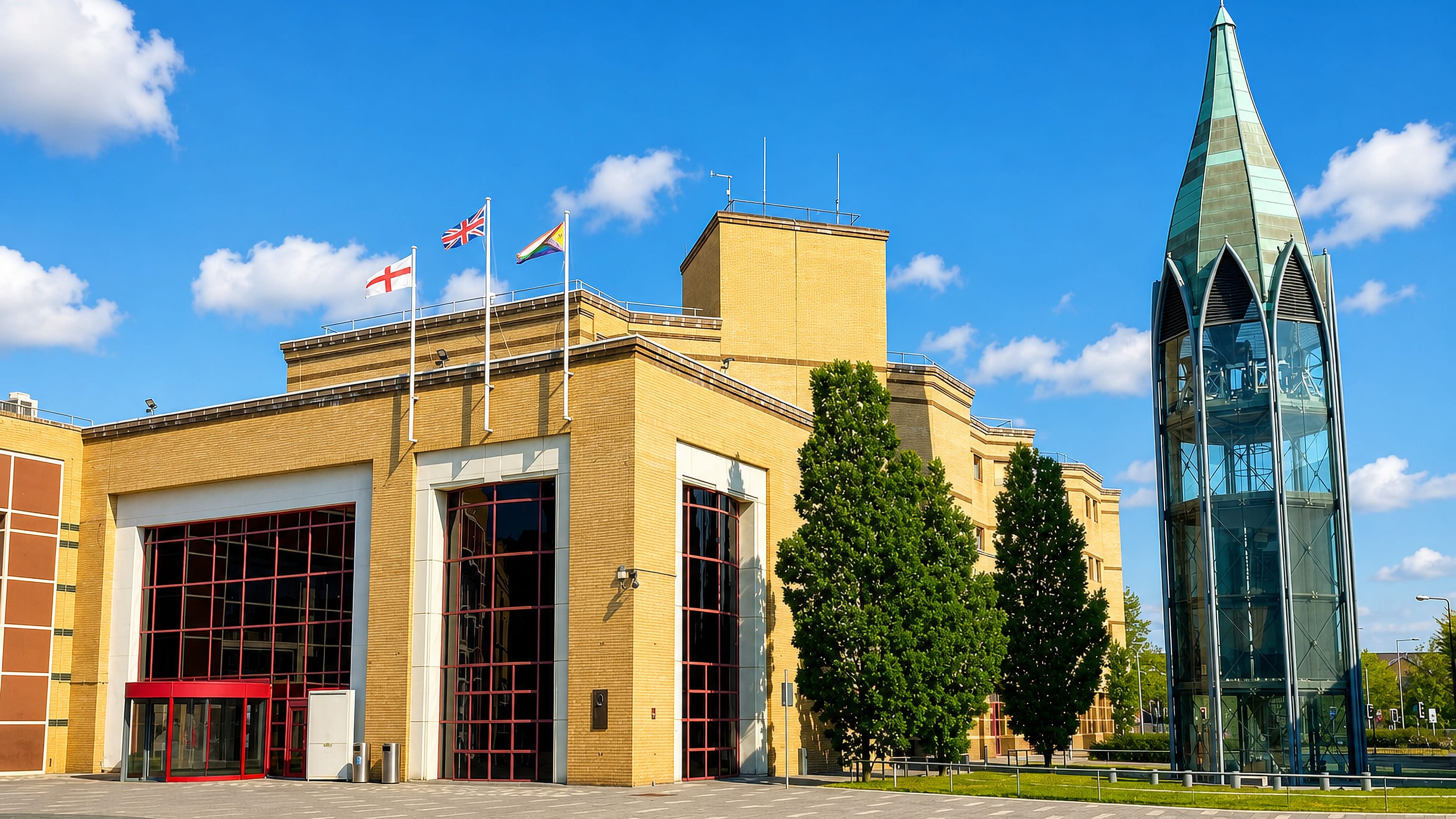 St Martin's glass and copper bell tower beside a flag-topped yellow-brick civic building in Basildon, England.