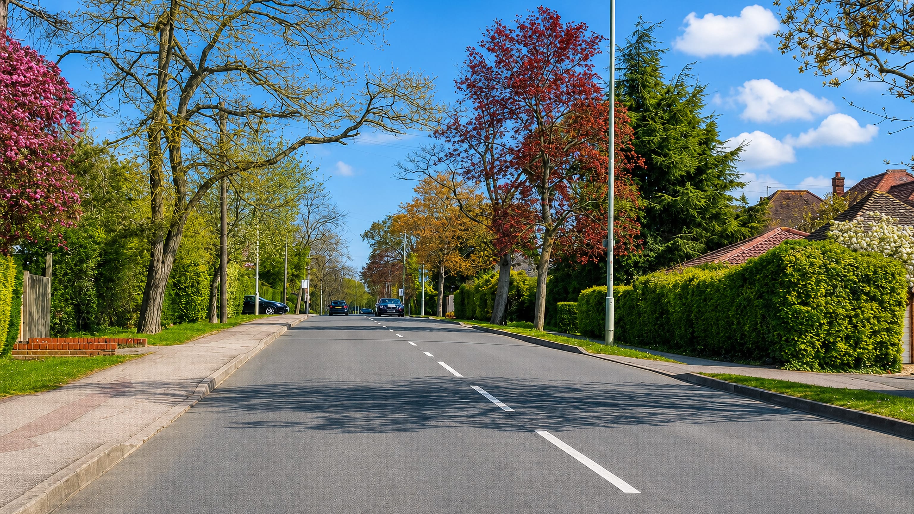 Tree-lined residential road with clipped hedges and blossom in Brickhill, Bedford.