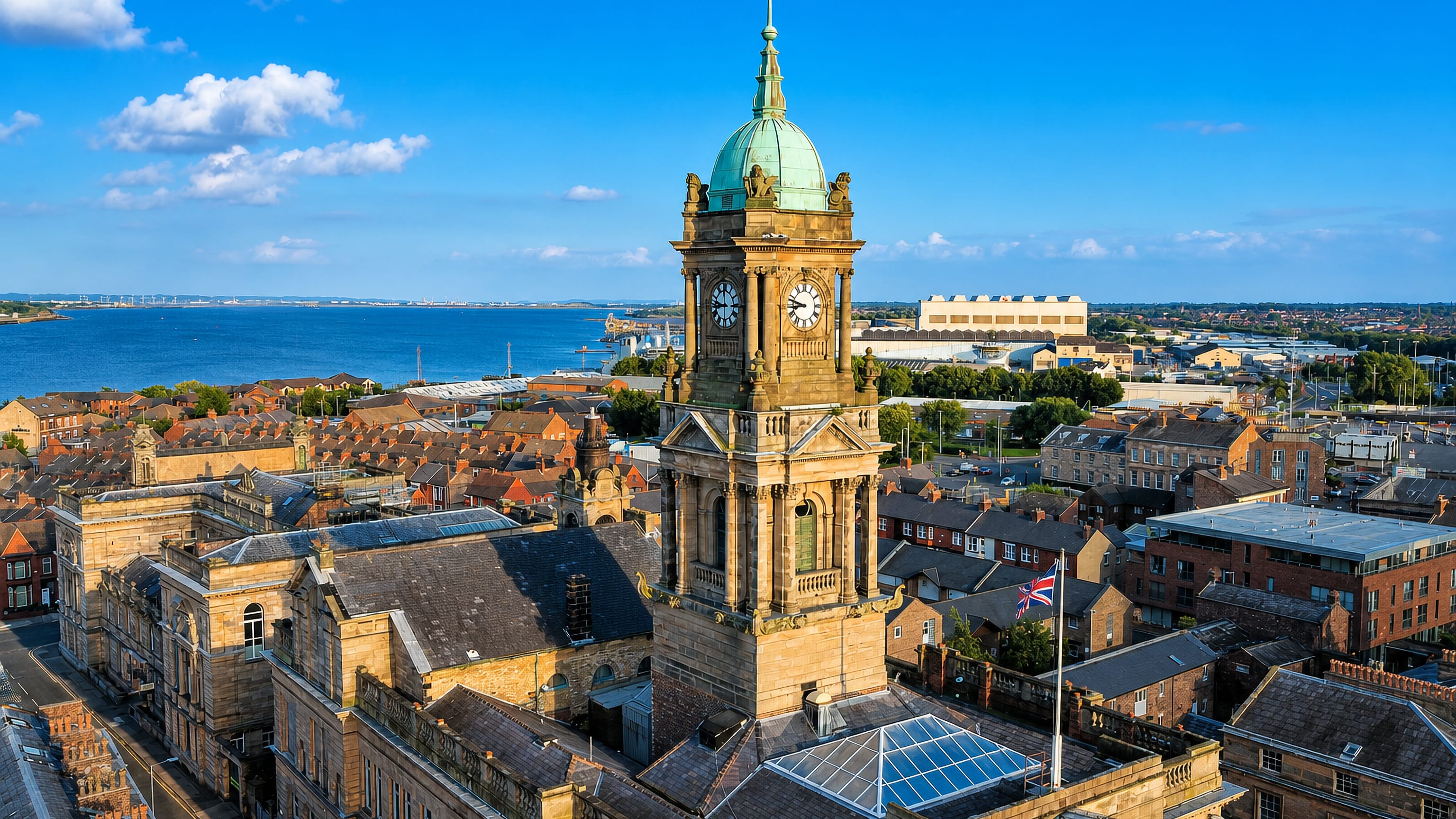 Birkenhead Town Hall's domed sandstone clock tower above brick terraces, with the River Mersey beyond.