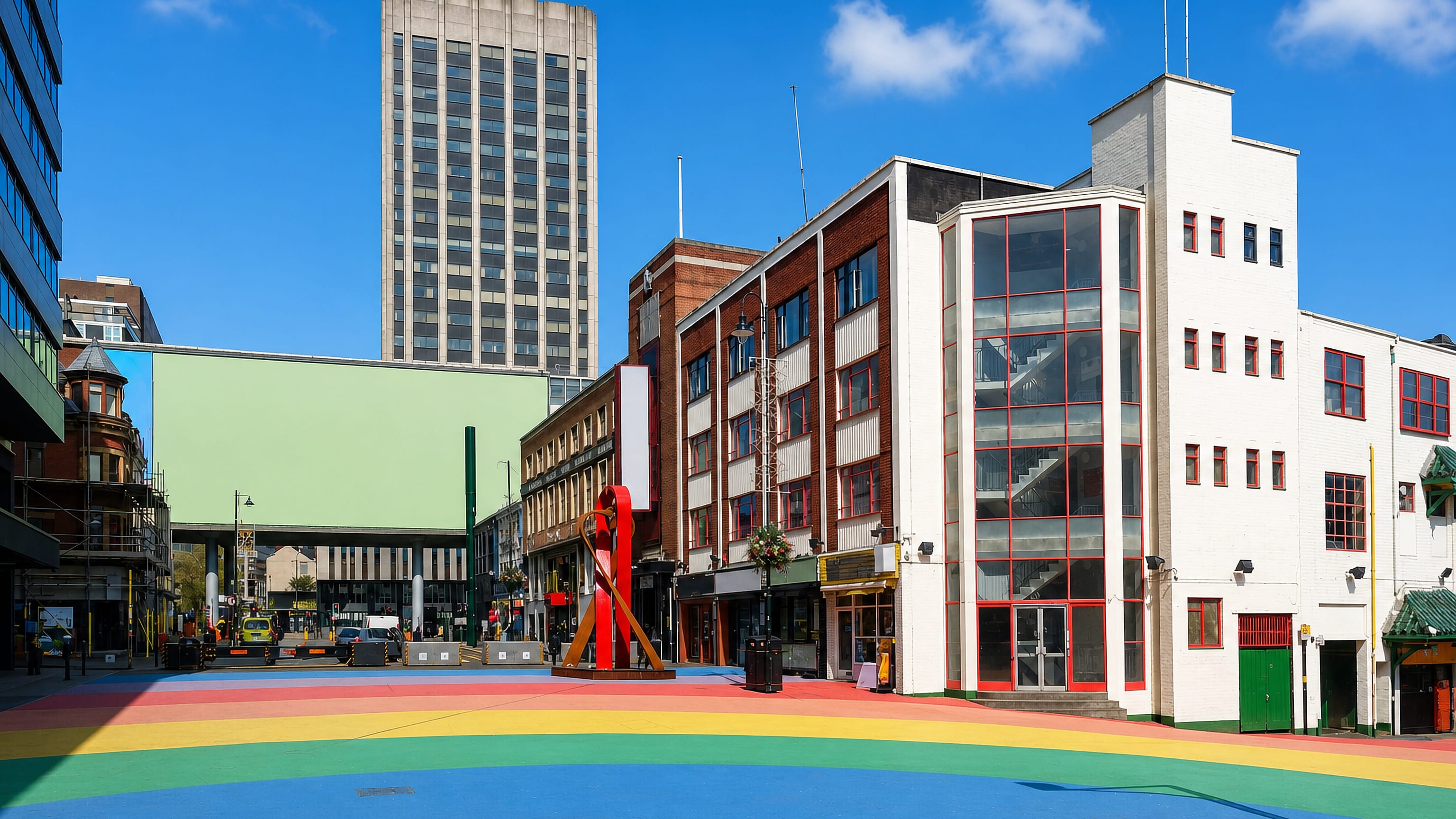 Rainbow-painted square ringed by mid-century shops and a concrete tower beside Birmingham's Chinese Quarter.