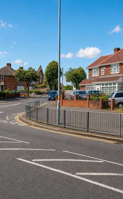 Interwar red-brick semi-detached houses along a quiet road junction in Washwood Heath, Birmingham.