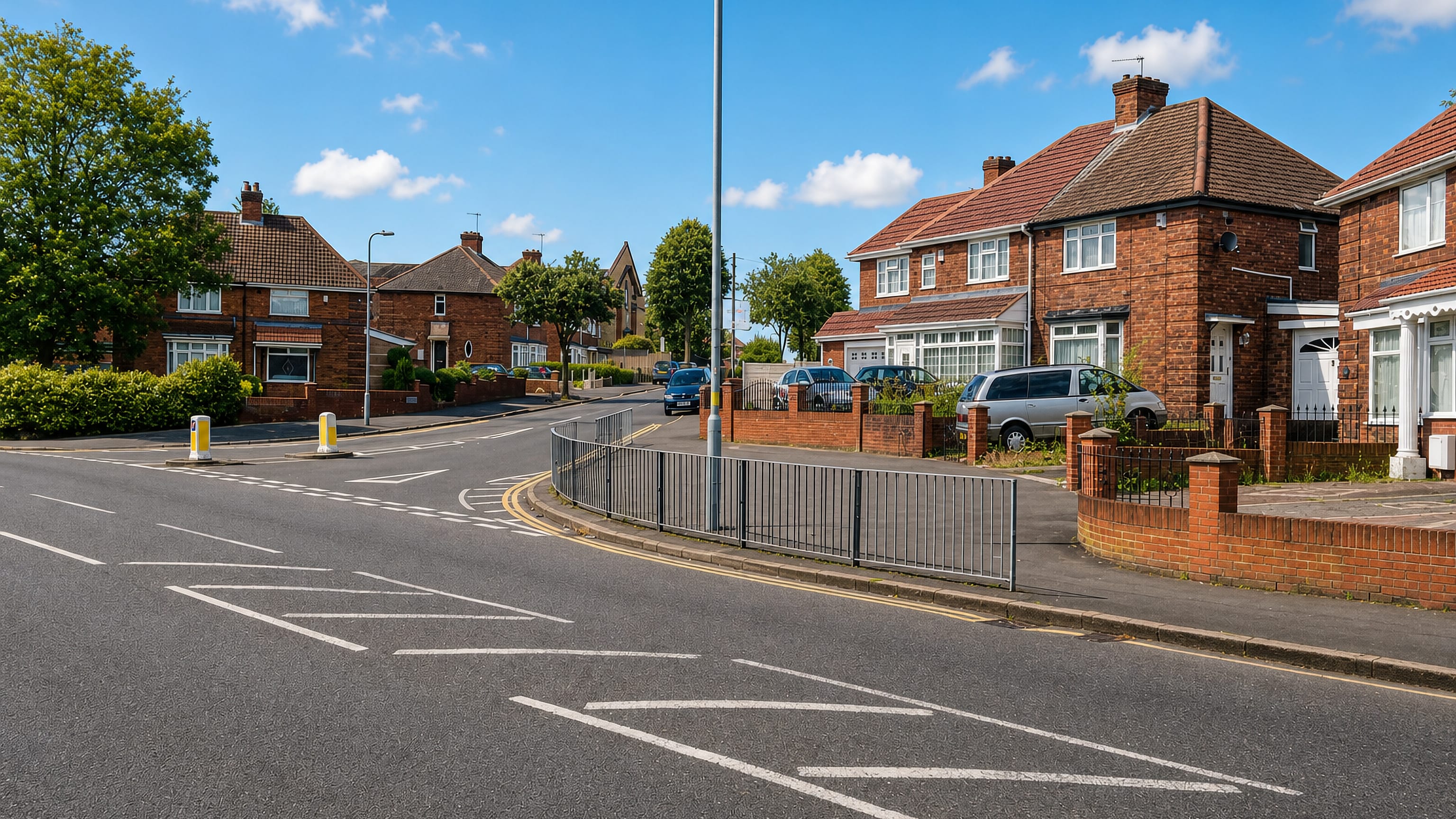 Interwar red-brick semi-detached houses along a quiet road junction in Washwood Heath, Birmingham.