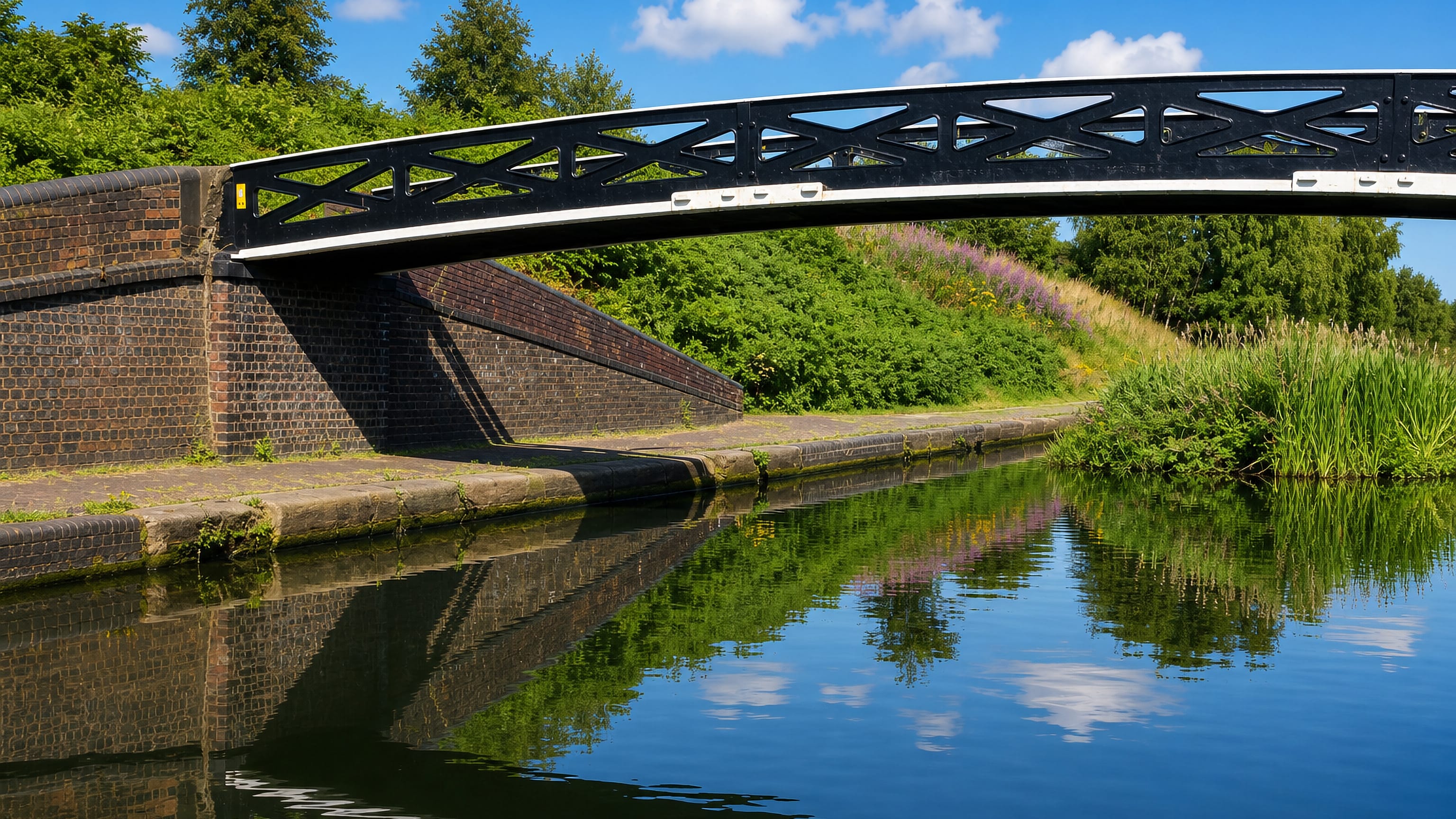 Cast-iron footbridge over the Birmingham Canal at Winson Green, with towpath and summer greenery.