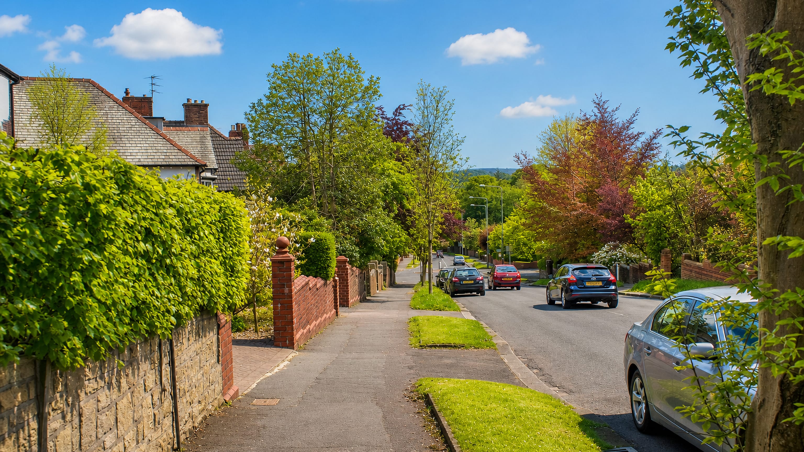 Leafy residential street with sandstone walls and parked cars in Beardwood, Blackburn.