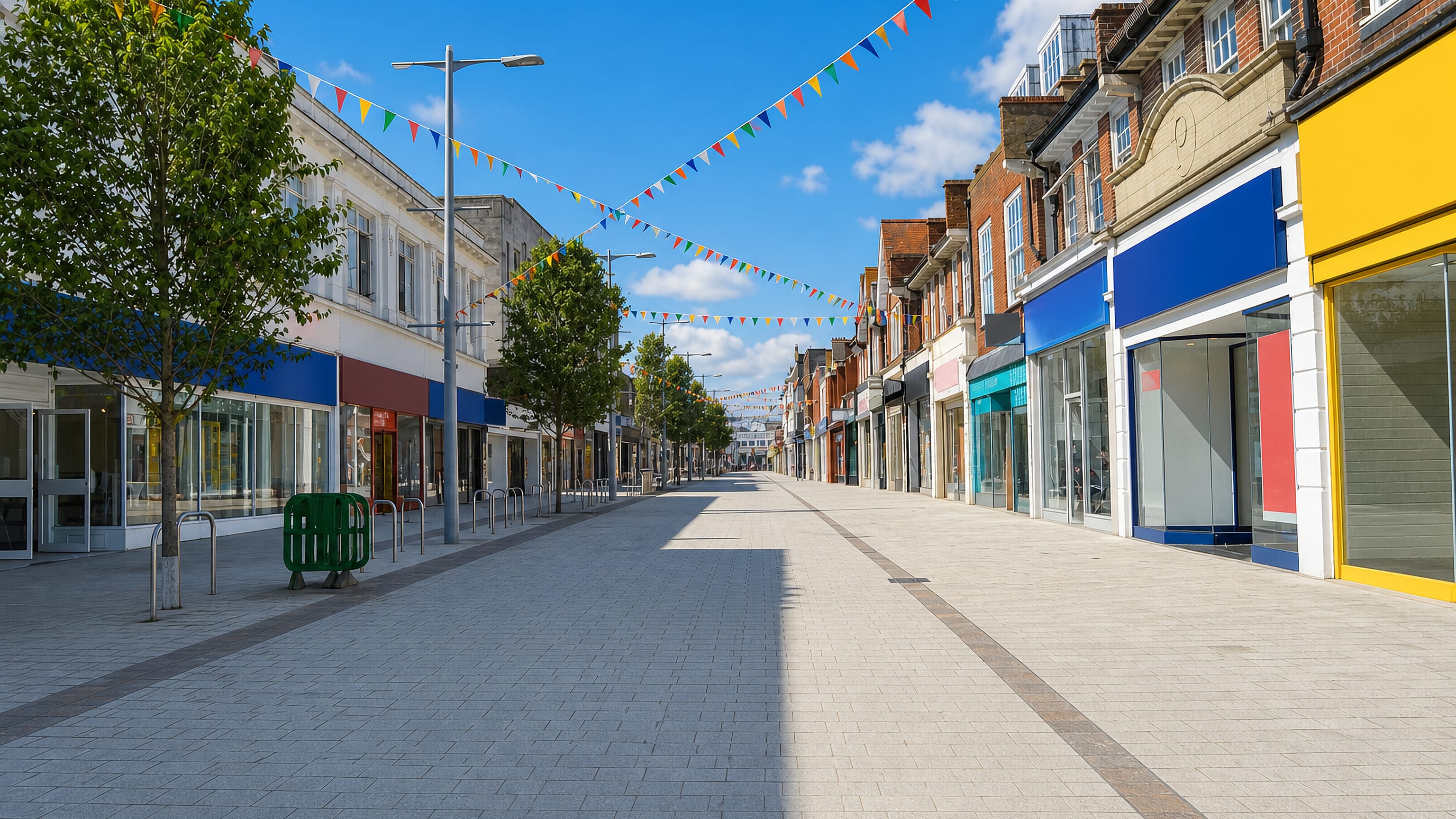 Bunting strung above the pedestrianised high street and shopfronts in Bognor Regis, England.