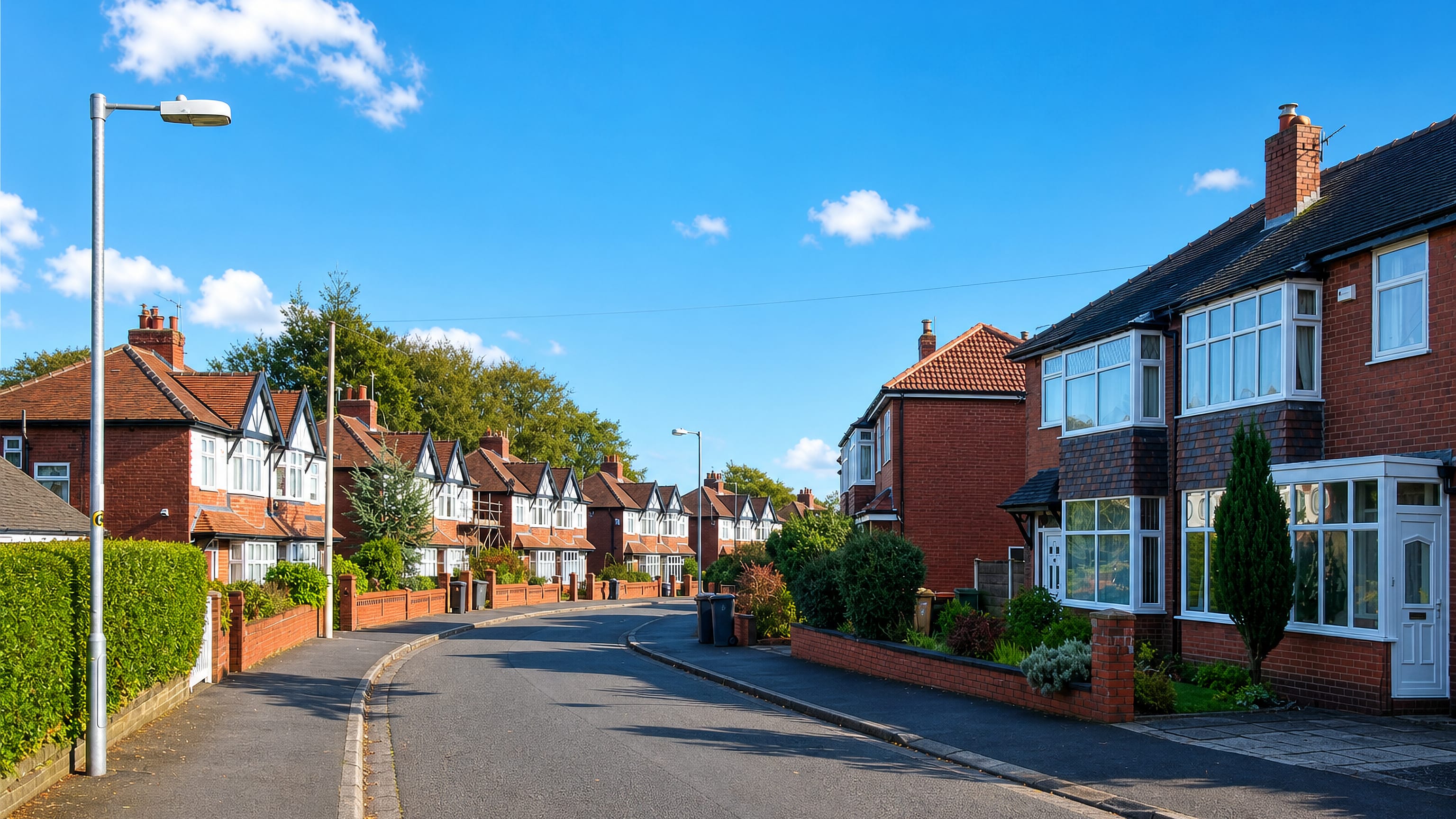 Red-brick semi-detached houses with bay windows along a quiet residential street in Sharples, Bolton