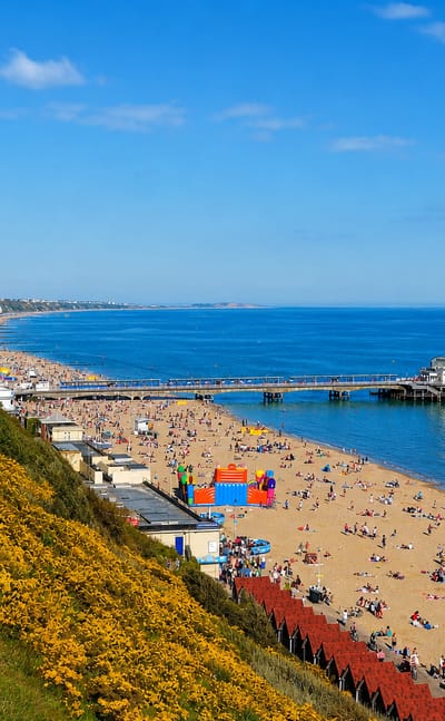 Bournemouth beach and pier stretching along the coast below the clifftop gardens on a sunny day.