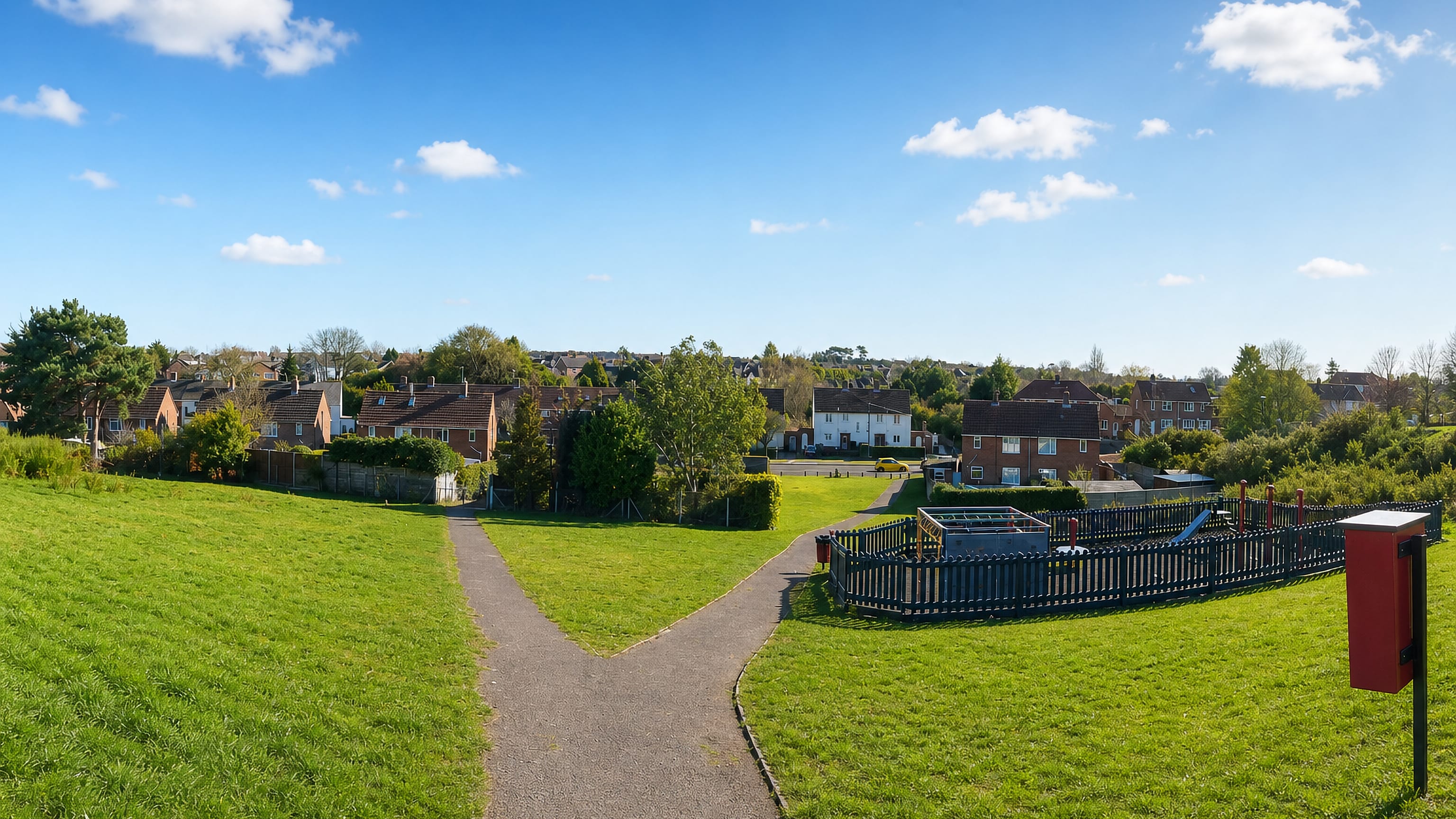 Open green with footpaths and a fenced playground backed by suburban houses in Kinson, Bournemouth.