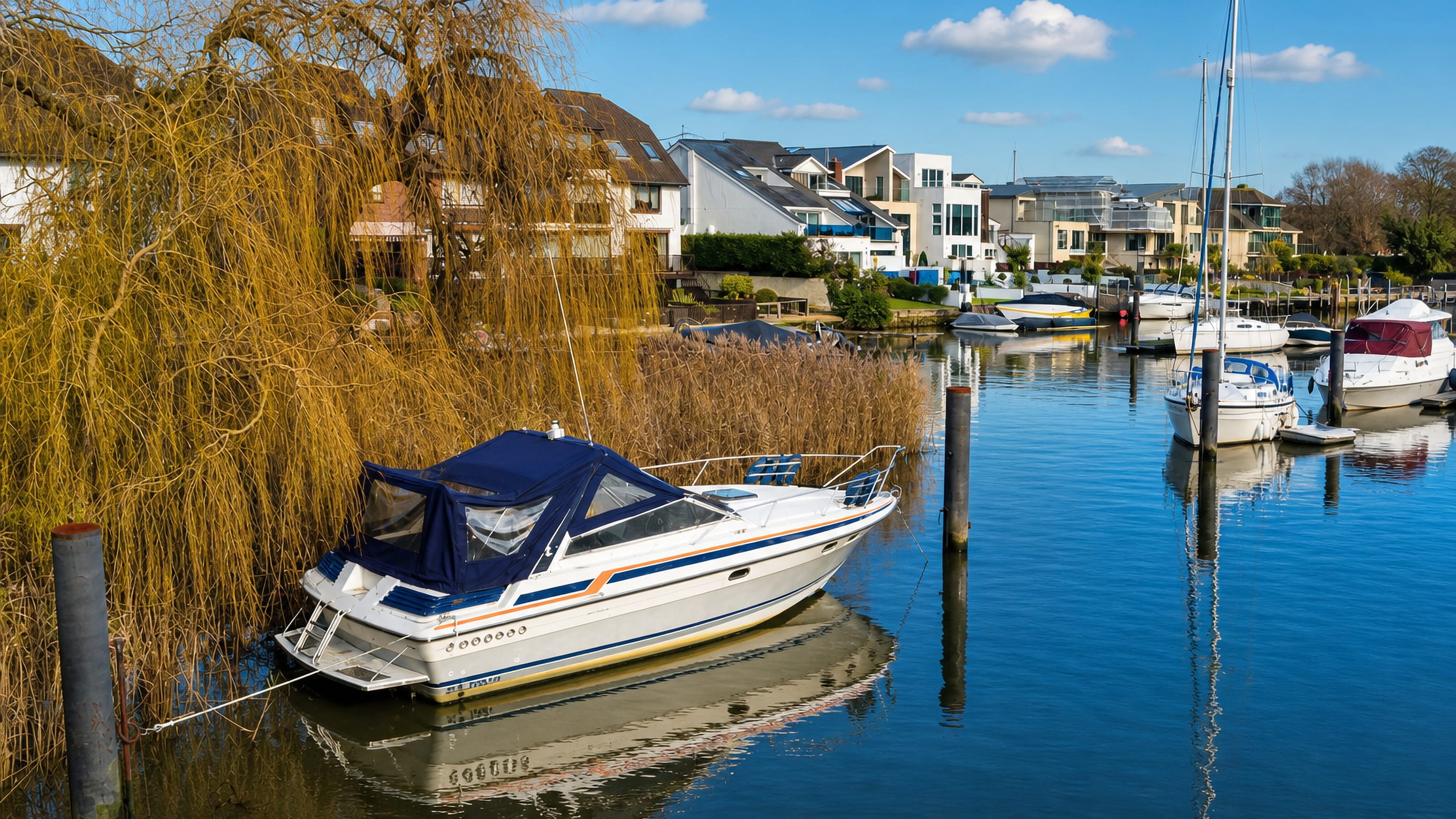 Boats moored on the River Stour beside modern waterside houses and a willow at Tuckton, Bournemouth.