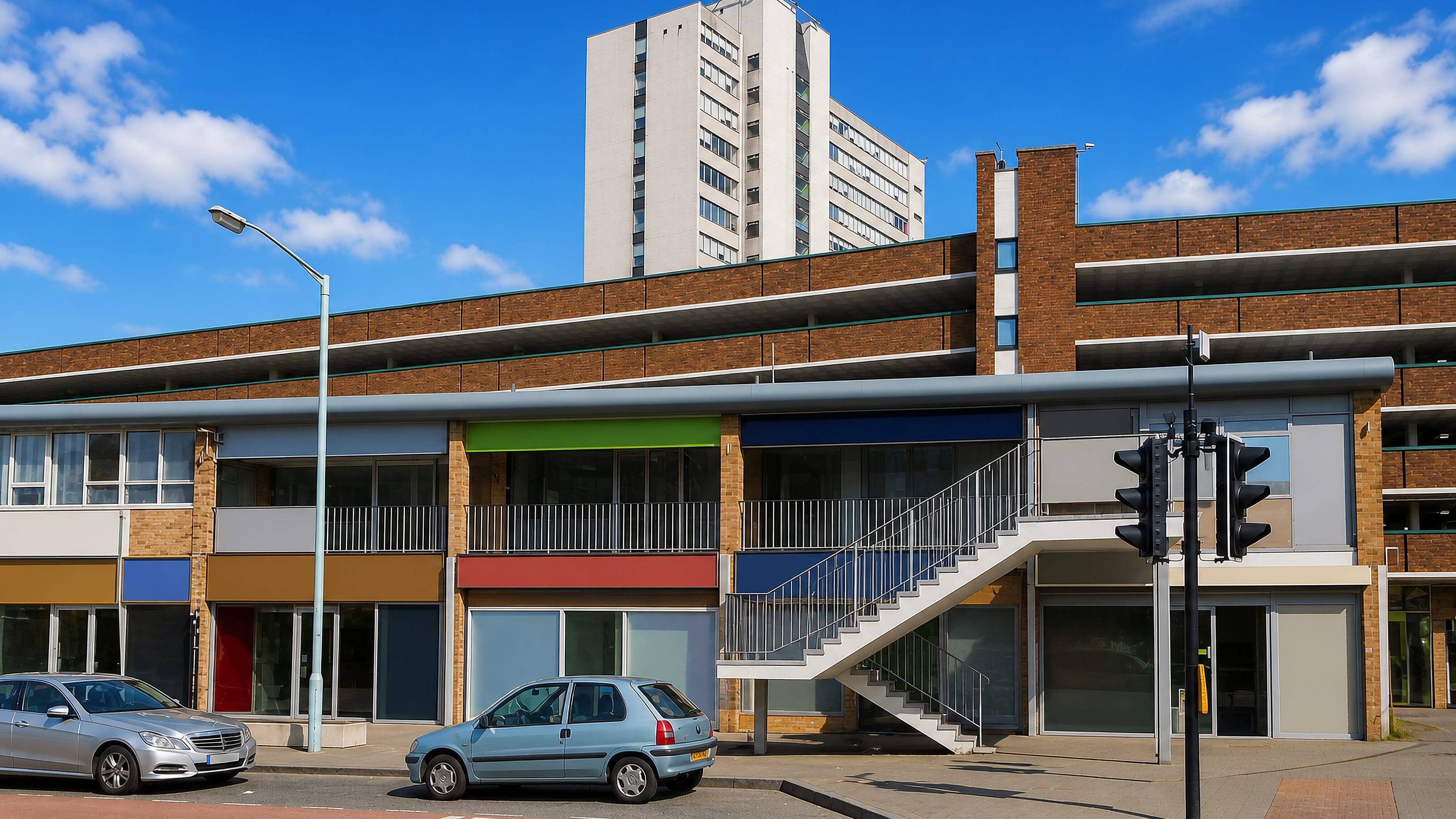 A 1960s shopping parade, multi-storey car park and tower block in central Bracknell under a clear sky.