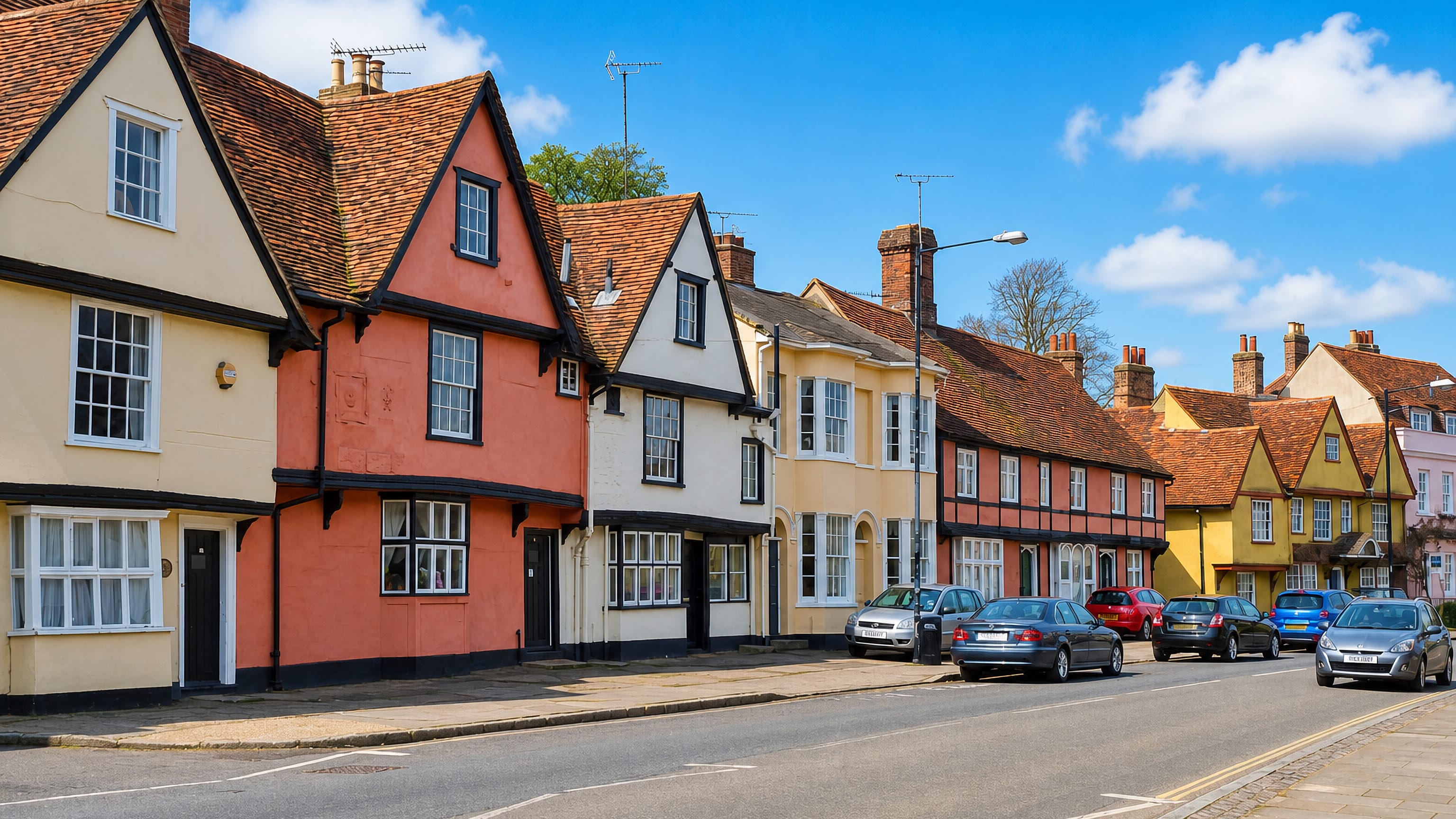 Row of colourful timber-framed and pargeted historic houses lining the street in Bocking, Braintree