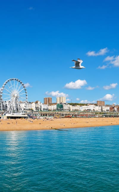 Brighton seafront with the beach, promenade, and a large observation wheel seen from the pier.