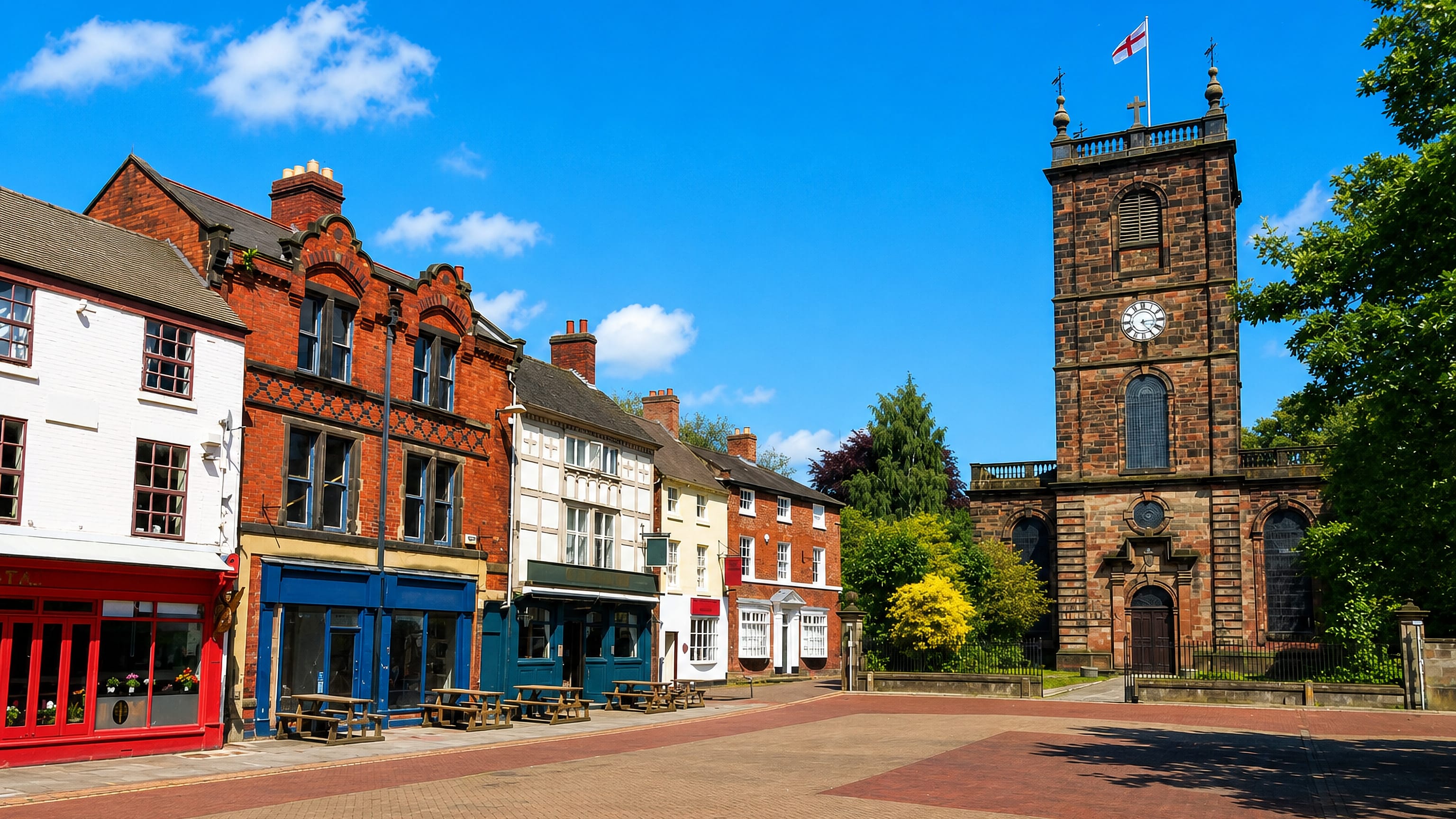 Burton upon Trent's Market Place, with St Modwen's sandstone church tower and red-brick shopfronts under blue sky.