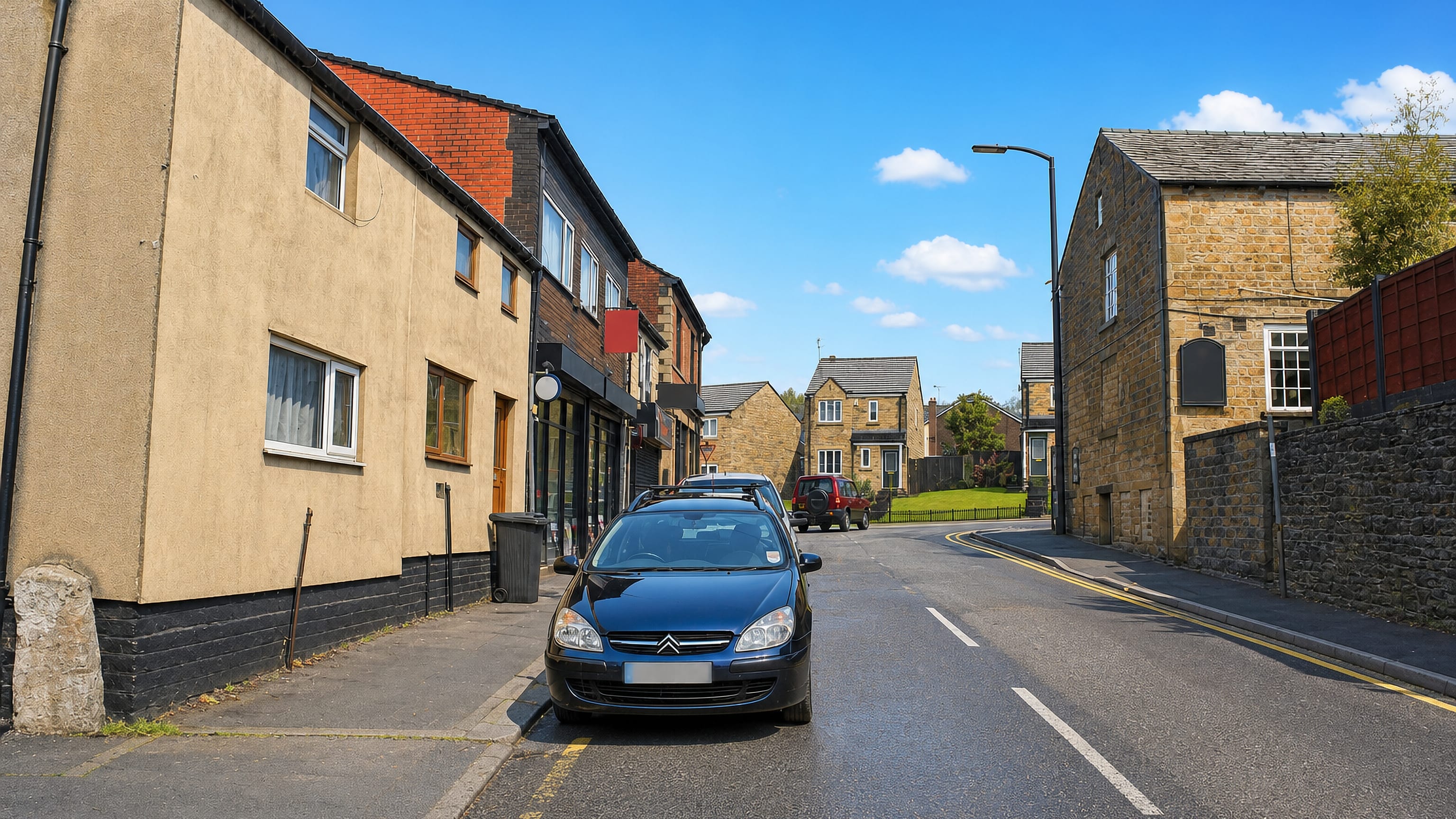 Stone terraced houses lining a narrow sunlit street in Walshaw, Bury, with parked cars and blue sky.